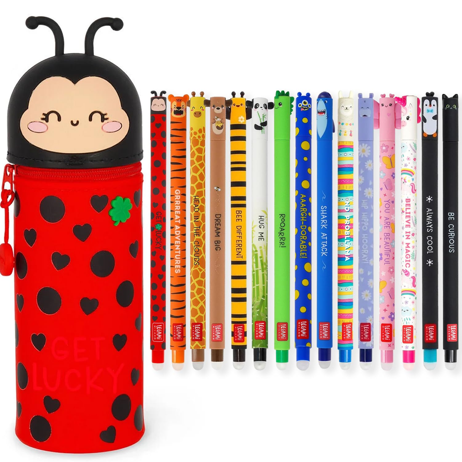 LEGAMI Bolígrafos de gel borrables + estuche Kawaii 2 en 1 | Juego de 15 bolígrafos con tinta de borrado termosensible, gama de colores de tinta y diseños de barril, punta de 0,7 mm (mariquita)