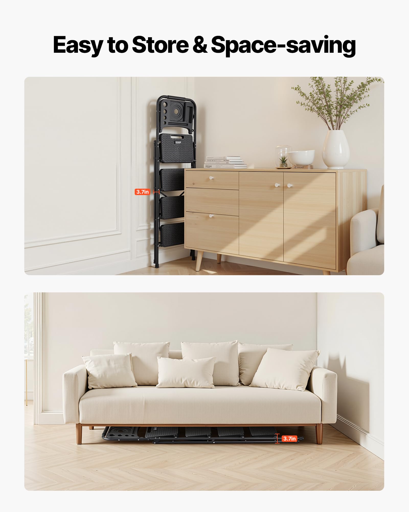 VEVOR Scaletta Pieghevole Salvaspazio con 4 Gradini con Ampio Pedale Antiscivolo, Impugnatura Comoda, Scala Portatile in Acciaio con Capacità di 272 kg, Multiuso per Cucina, Casa, Casa e Ufficio