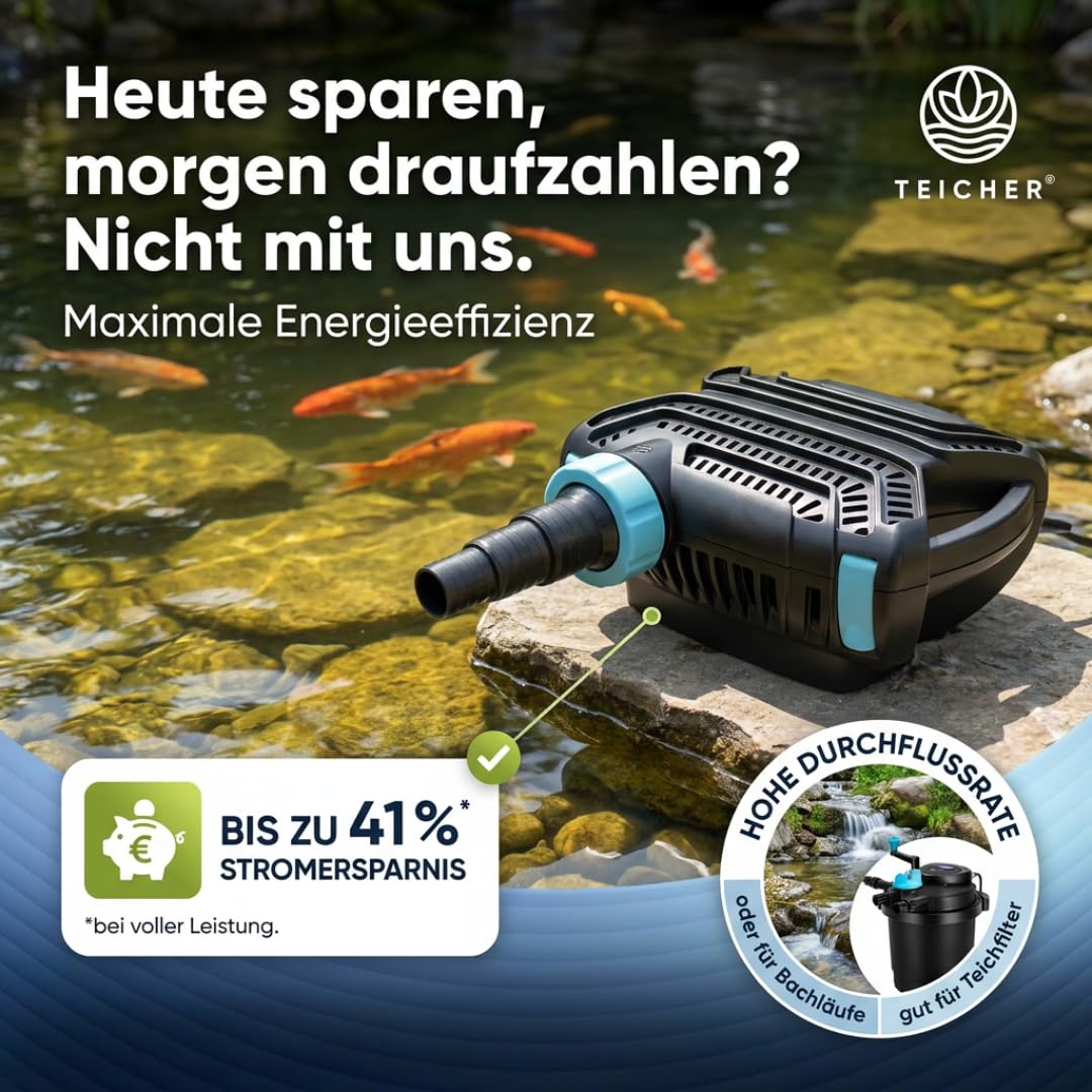 Teicher Filterpumpe EP-5200X [Neues Modell] – Teichpumpe für außen 40W, 5200 l/h Energie effizient | Bachlaufpumpe Gartenteich Bachlauf Wasserfall | Filter Pumpe Teich Pond Pump Teichpumpen IPX8 Norm