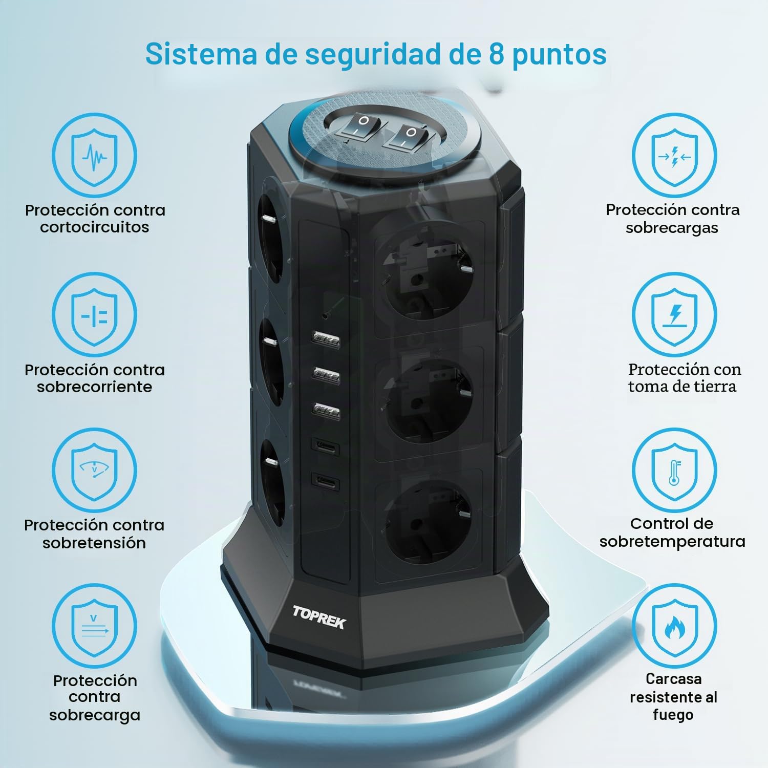 TOPREK Torre Regleta Enchufes con USB, 12 Tomas, Protección Sobretensiones