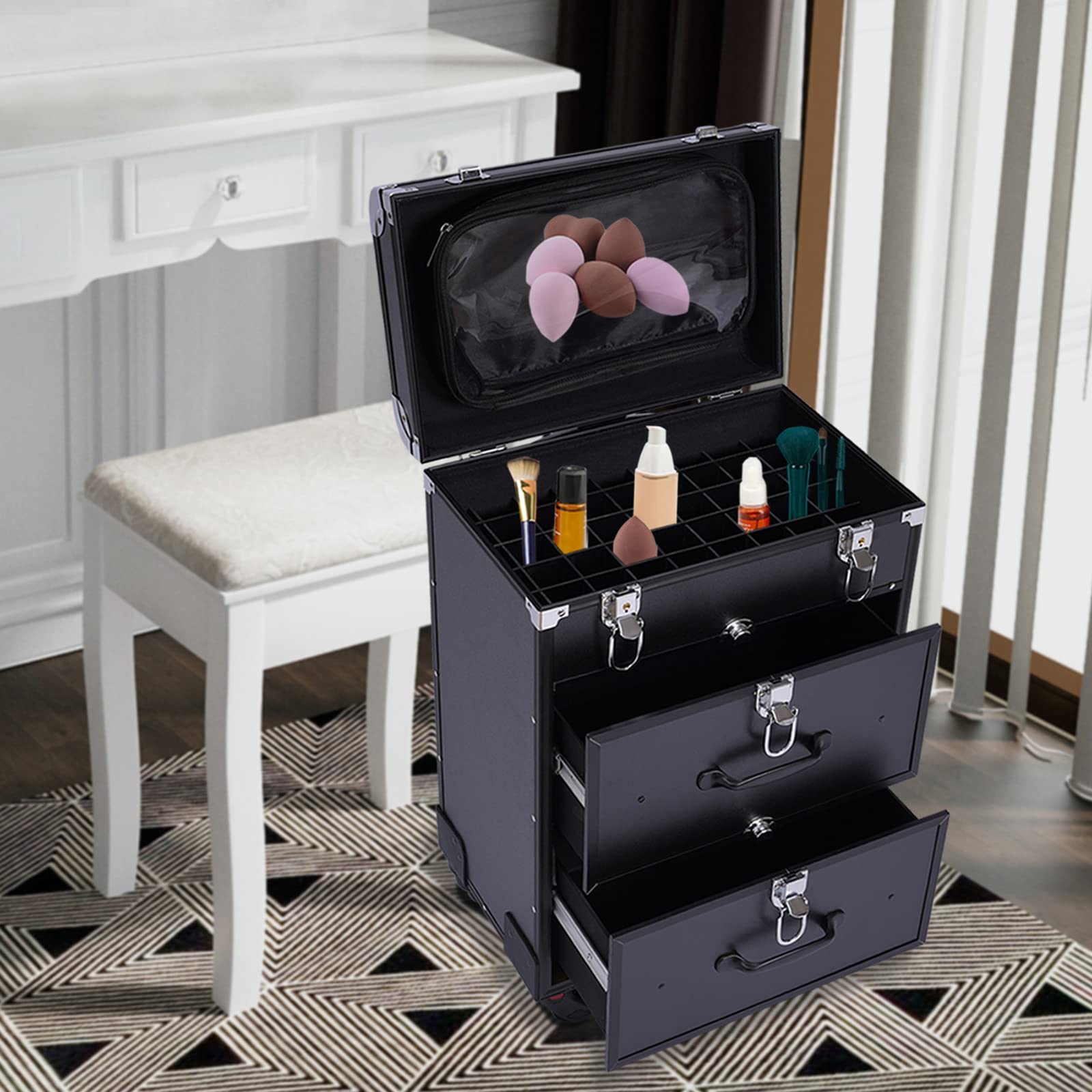 Chariot à cosmétiques, trousse de transport de maquillage, mallette de voyage, organisateur de maquillage pour voyage, mallette de maquillage verrouillable, mallette