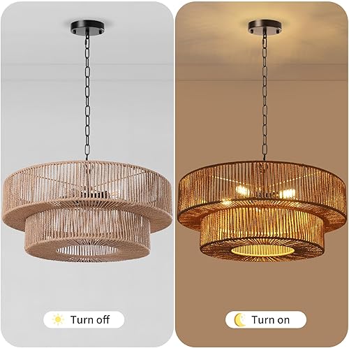 Miniatura 7 de LamQee Candelabros de ratán de granja de 22 pulgadas, 5 luces, lámpara de araña bohemia con pantalla de mimbre tejida a mano, luces colgantes de