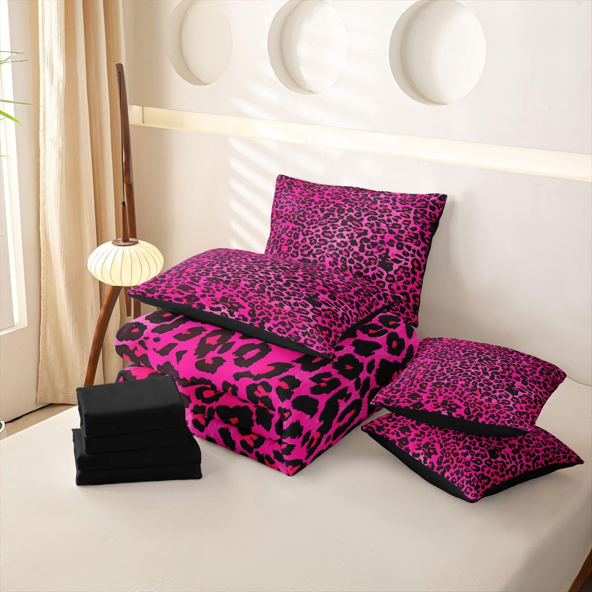Loussiesd Set di biancheria da letto per bambini con stampa leopardata rosa acceso, per letto singolo, 7 pezzi, per bambini, ragazzi, ragazze, safari, con copripiumino, lenzuola, federe, federe