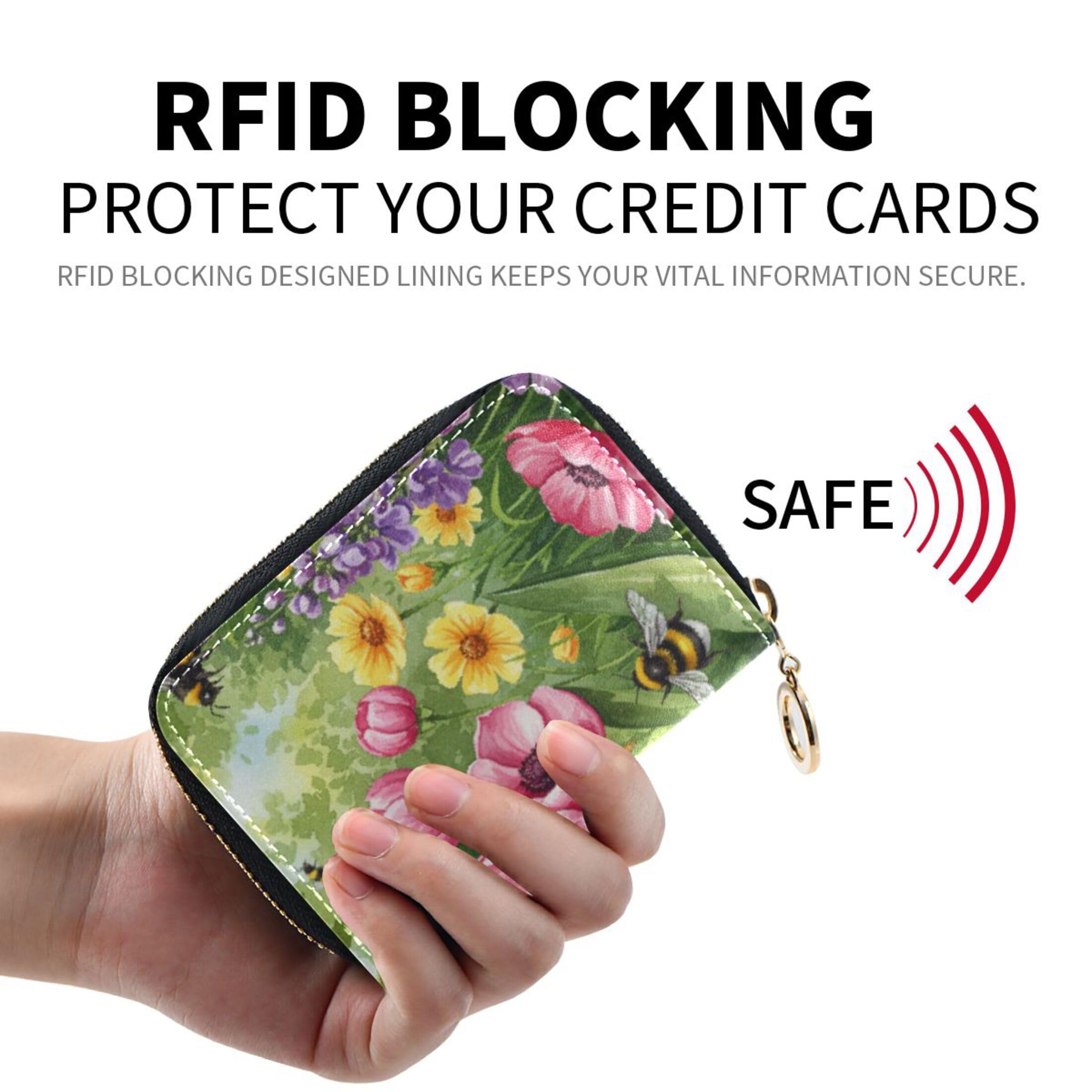 Burbuja Spring Bumblebees Garden Credit Card Holder for Women Men RFID Blocking, Leather Accordion Zipper Card Case Wallet 11 Slots