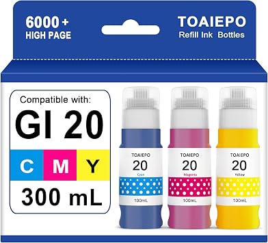 GI-20 Ink Refill Bottle Kit Replacement for Canon GI20 Ink Bottle Compatible with Canon Megatank G6020 G5020 G7020 Printer, 3 Pack of Cyan Magenta Yellow DYE Ink | Compatible with Canon G6020 G5020 G7020 Megatank Printer, 3 Pack of Cyan Magenta Yellow DYE Ink