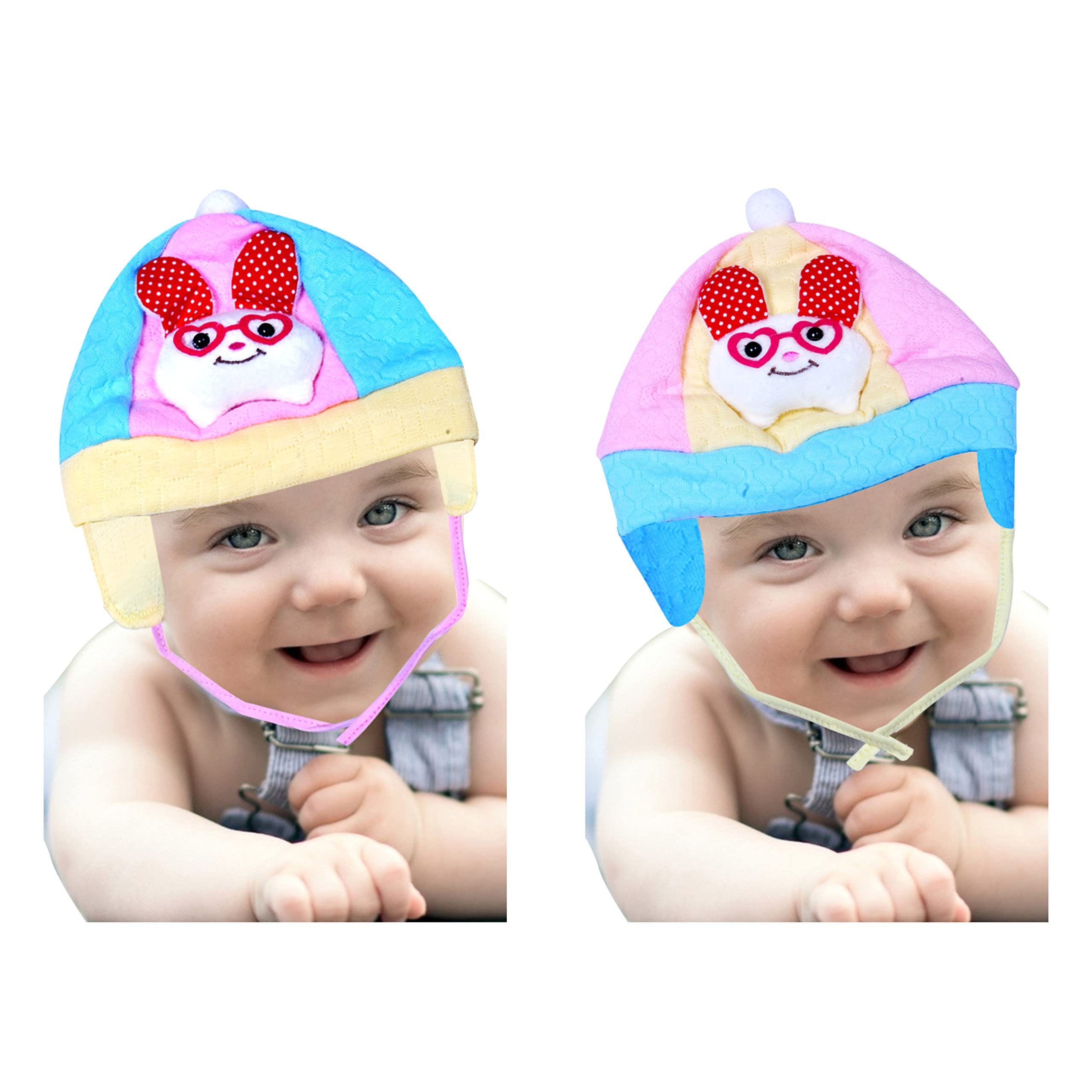 GURU KRIPA BABY PRODUCTS New Born Baby Double Layer Outside Falalan and Inside Housiry Light Weight Soft Warm Fleece/Falalane Ear Flap Premium Caps Pack of 2 Pcs