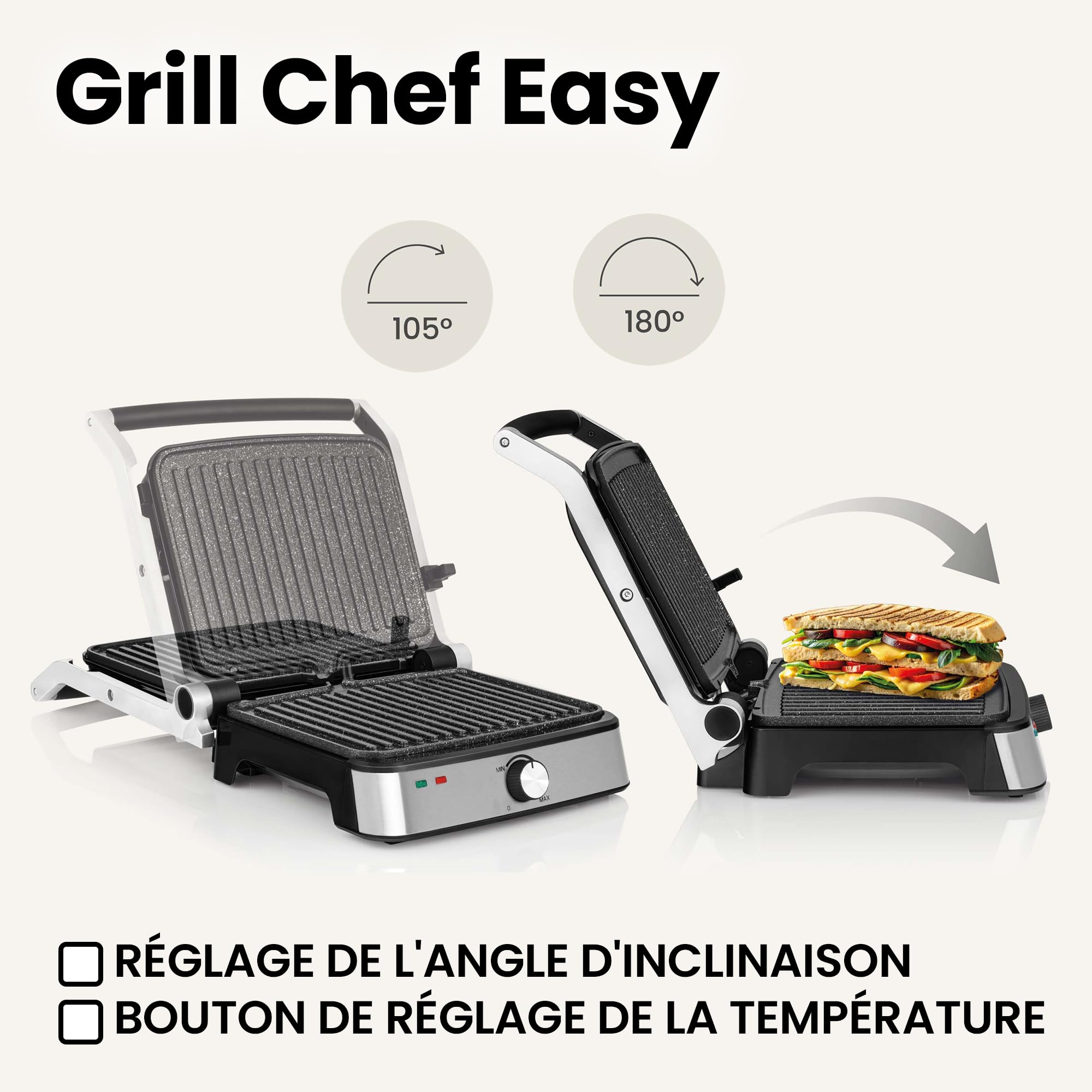 Zeegma Grill Chef Easy – Grill Électrique 2 en 1 et Presse-Panini, 2000W, Plaques Céramiques Antiadhésives, 29 x 23.2 cm², Température et Inclinaison Réglables (GRILL CHEF EASY)