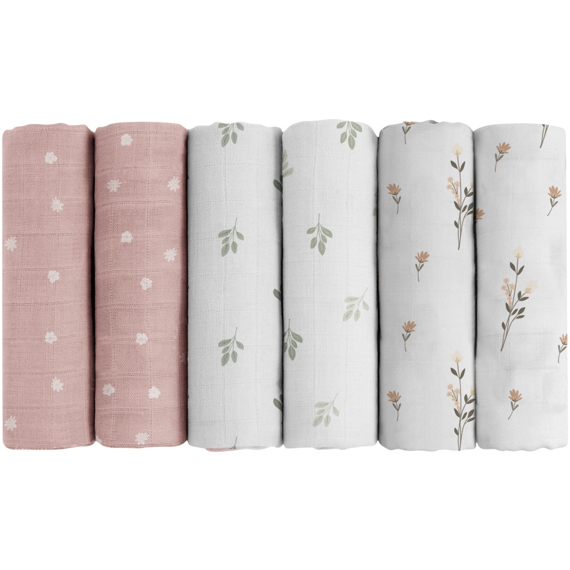 Bubba Bear Musselintücher für Babys, 70 cm x 70 cm, 6er-Pack Spucktücher aus Baumwolle, saugfähig und atmungsaktiv und ideal zum Reinigen, Abwischen und Abdecken von Neugeborenen (Blumen)