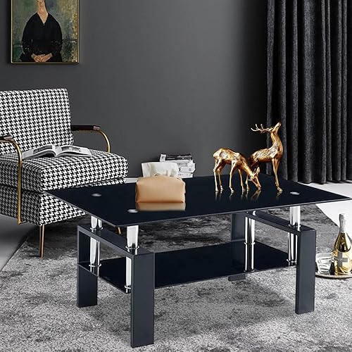 Miniatura 5 de Mesa auxiliar con estante de almacenamiento, mesa de centro de 2 niveles con parte superior de vidrio para sala de estar, muebles de diseño moderno