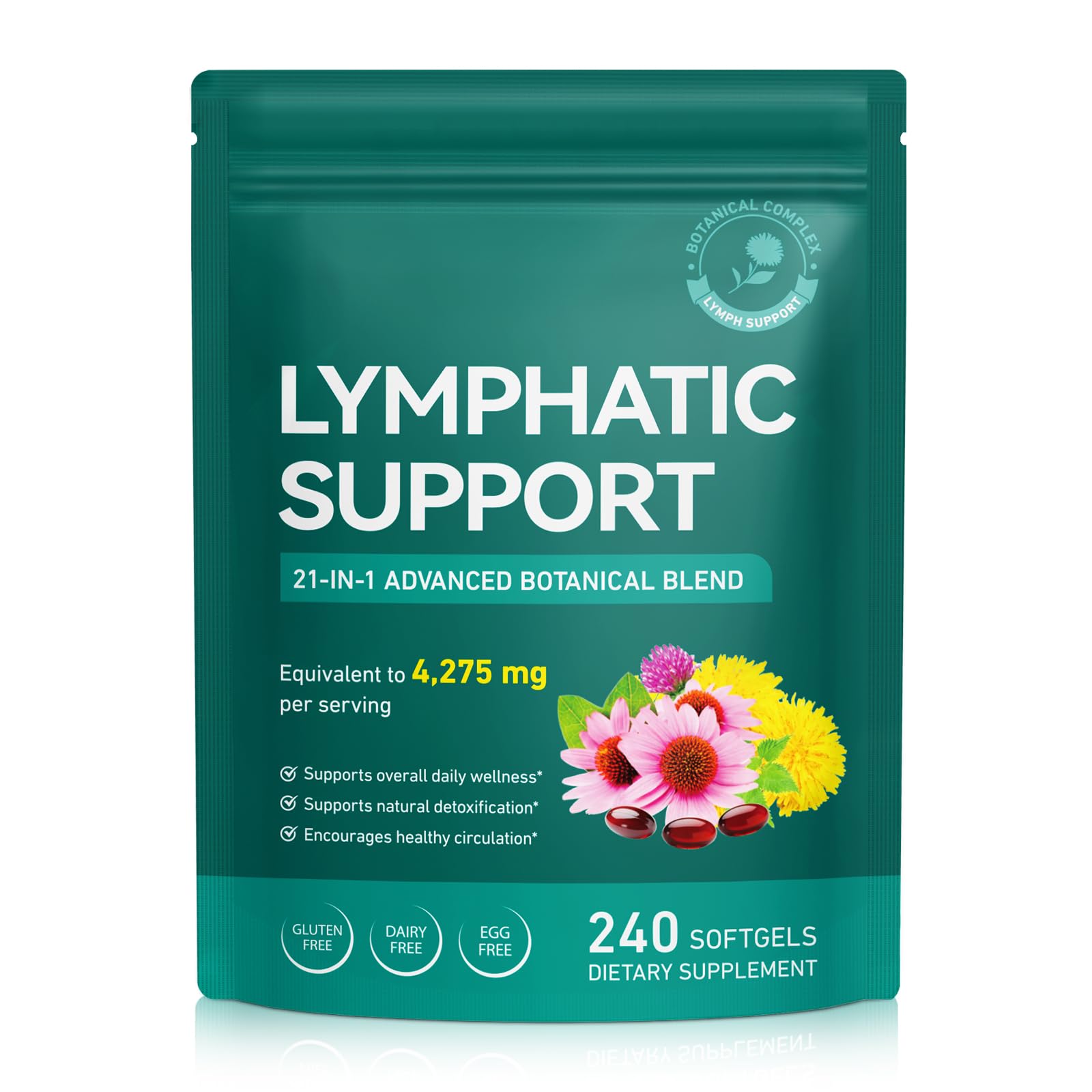 Lymphatic Drainage Supplements, Lymphatic Support Softgels for Immune Health, Plant-Based Formula with Echinacea, Burdock Root, Elderberry, Bromelain, Turmeric, 240 Softgels 240 Count (Pack of 1)