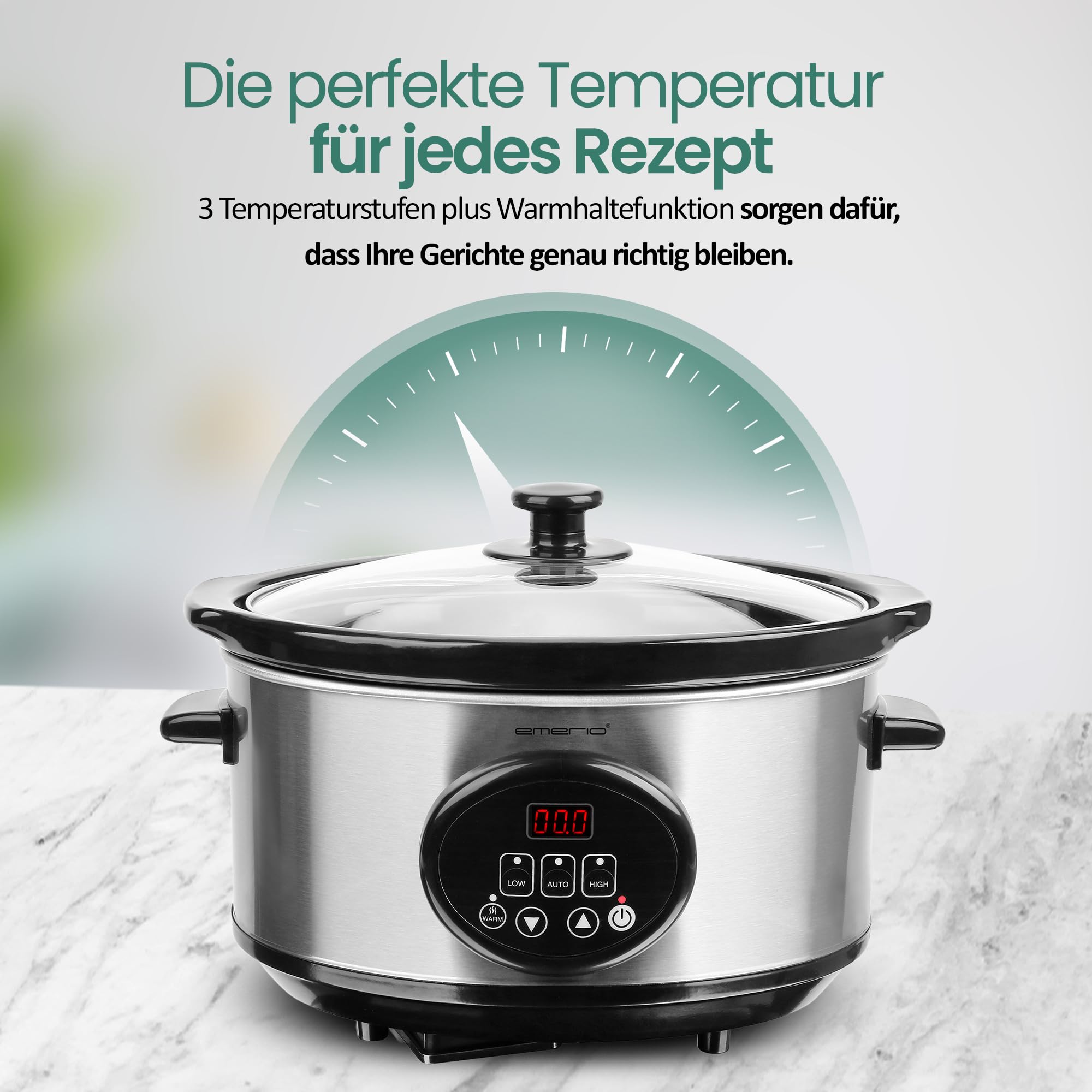 EMERIO Mijoteuse - SC-129406 - Cuve intérieure en céramique de 3,5 l (amovible) - 3 niveaux de température - Affichage - Minuterie - Couvercle en verre - 240 W - Fonction maintien au chaud - Passe au