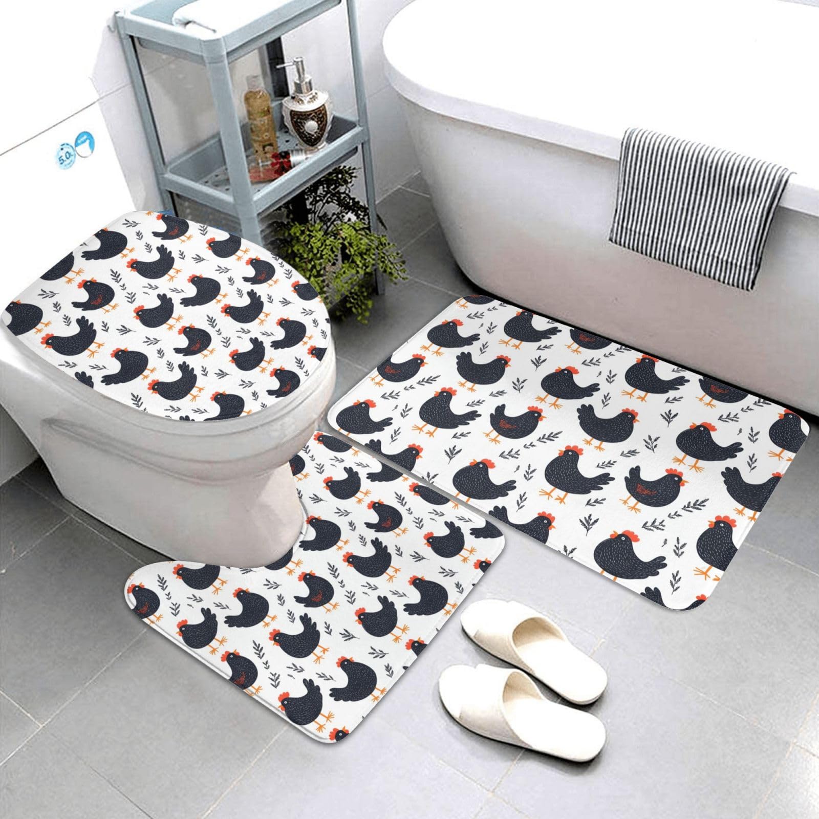 Lot de 3 tapis de salle de bain poule avec contour WC en U antidérapant