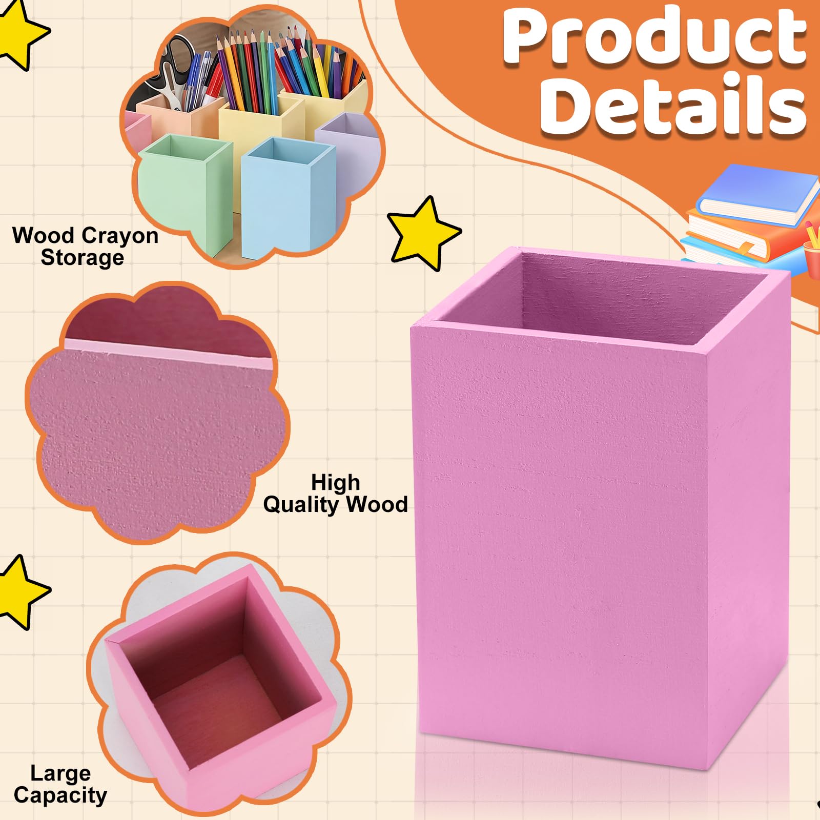 Lebaley Lot de 6 porte-crayons pastel pour salle de classe – Joli pot à crayons en bois pour la rentrée scolaire, distributeur de crayons pour enseignant, étudiant, bureau, décoration de la maison