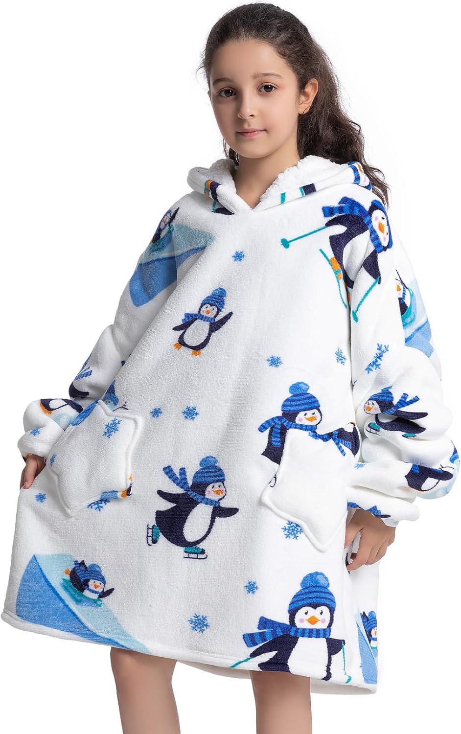 Wearable Blanket Hoodie for Kids 6-12YR Animal Oversized Hooded Blanket Super Soft Comfortable Warm Flannel Ice Penguin