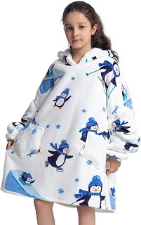 Deserthome Wearable Blanket Hoodie for Kids 6-12YR White Penguin | Oversized Animal Hooded Sweatshirt with Pockets, Soft Comfortable Warm Flannel Sherpa Fleece, for Halloween Christmas