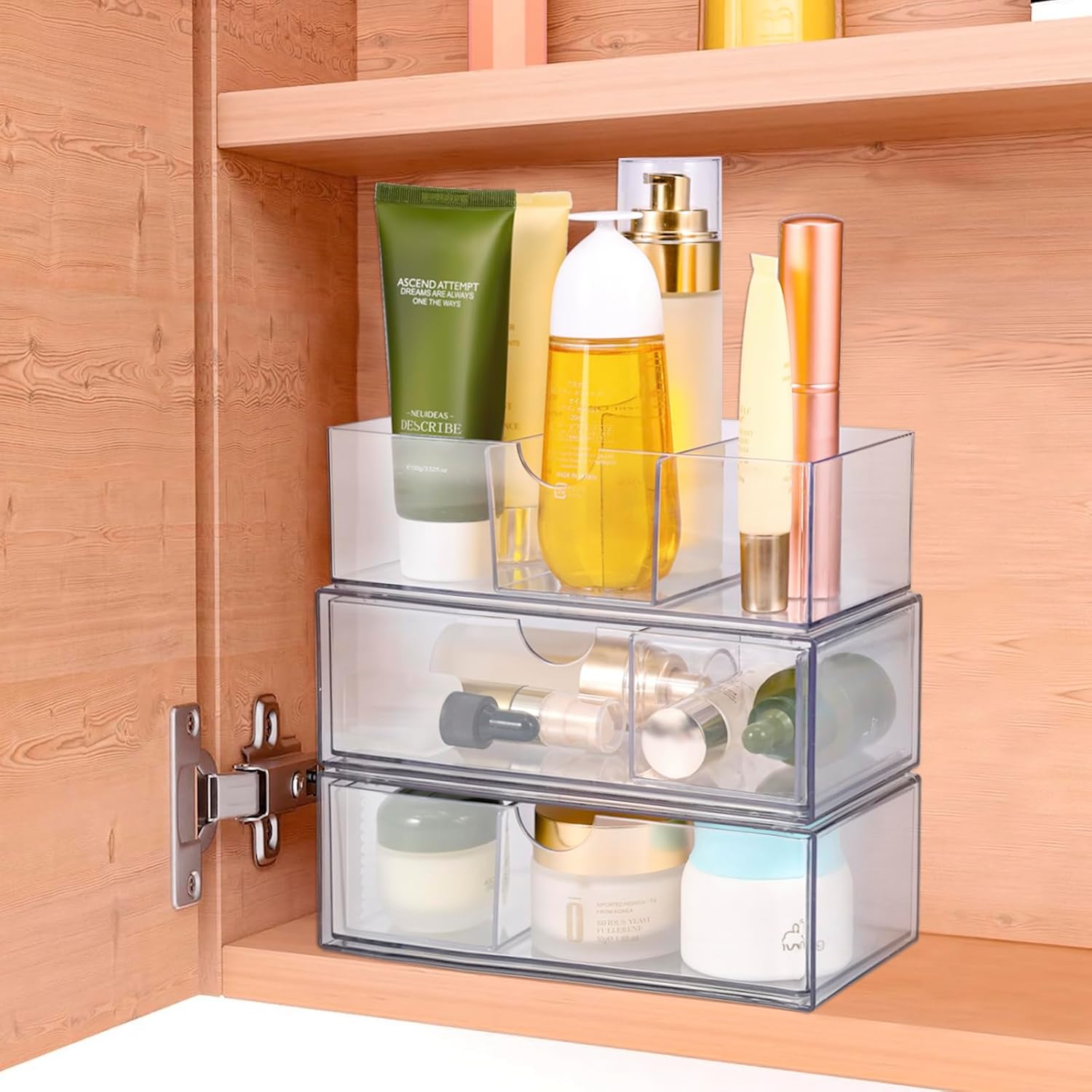 Makeup Organizer with Drawers 3 Layer Cosmetic Display Case with Detachable Divider Stable Cosmetic Storage Box with Non-Slip Pad Clear Vanity Storage Organizer for Home Bedroom Bathroom