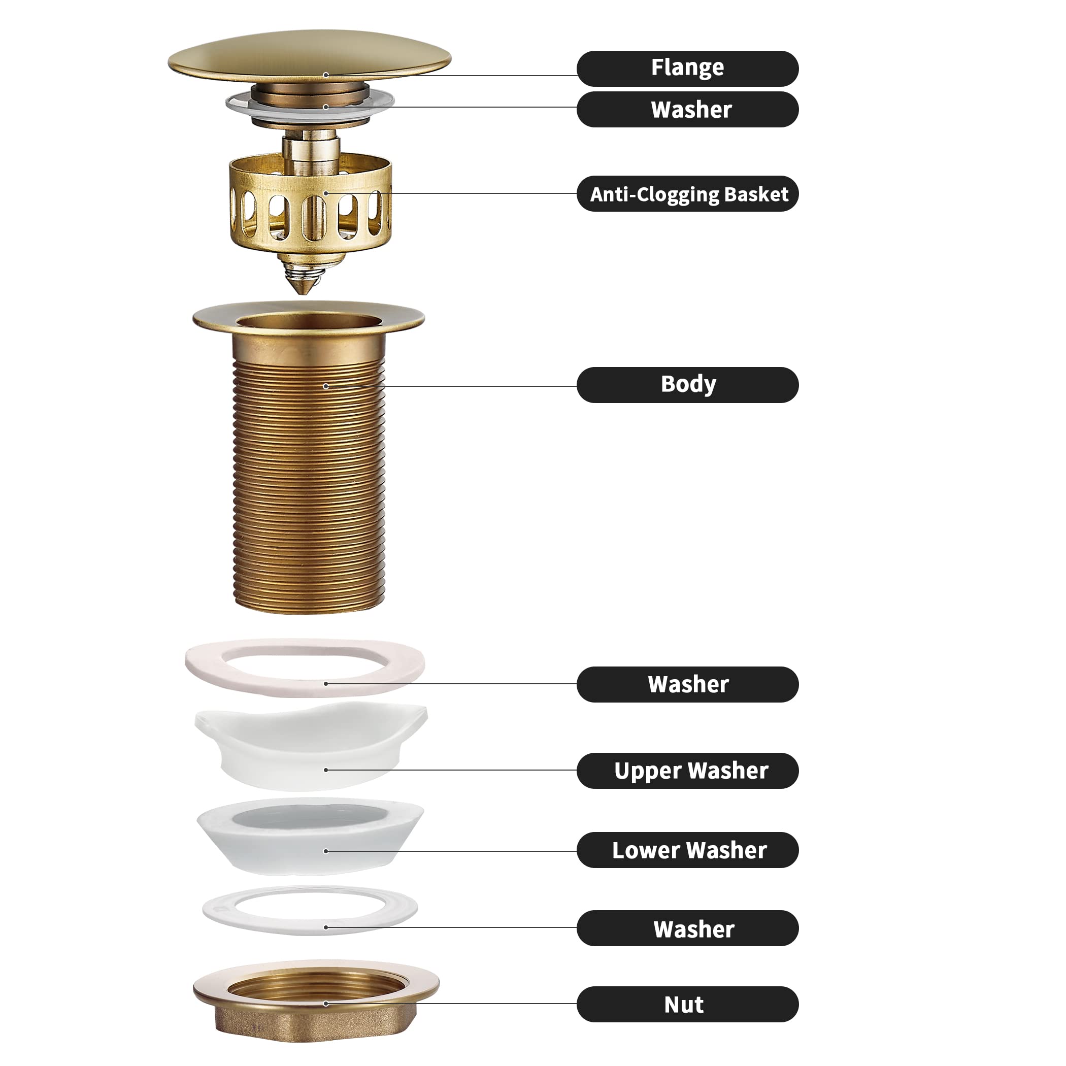 Ottone Lavello per Lavabo Pop-Up, Antico Piletta Click Clack con Troppopieno, Retrò Piletta Bidet con Cestello Filtrante Universale