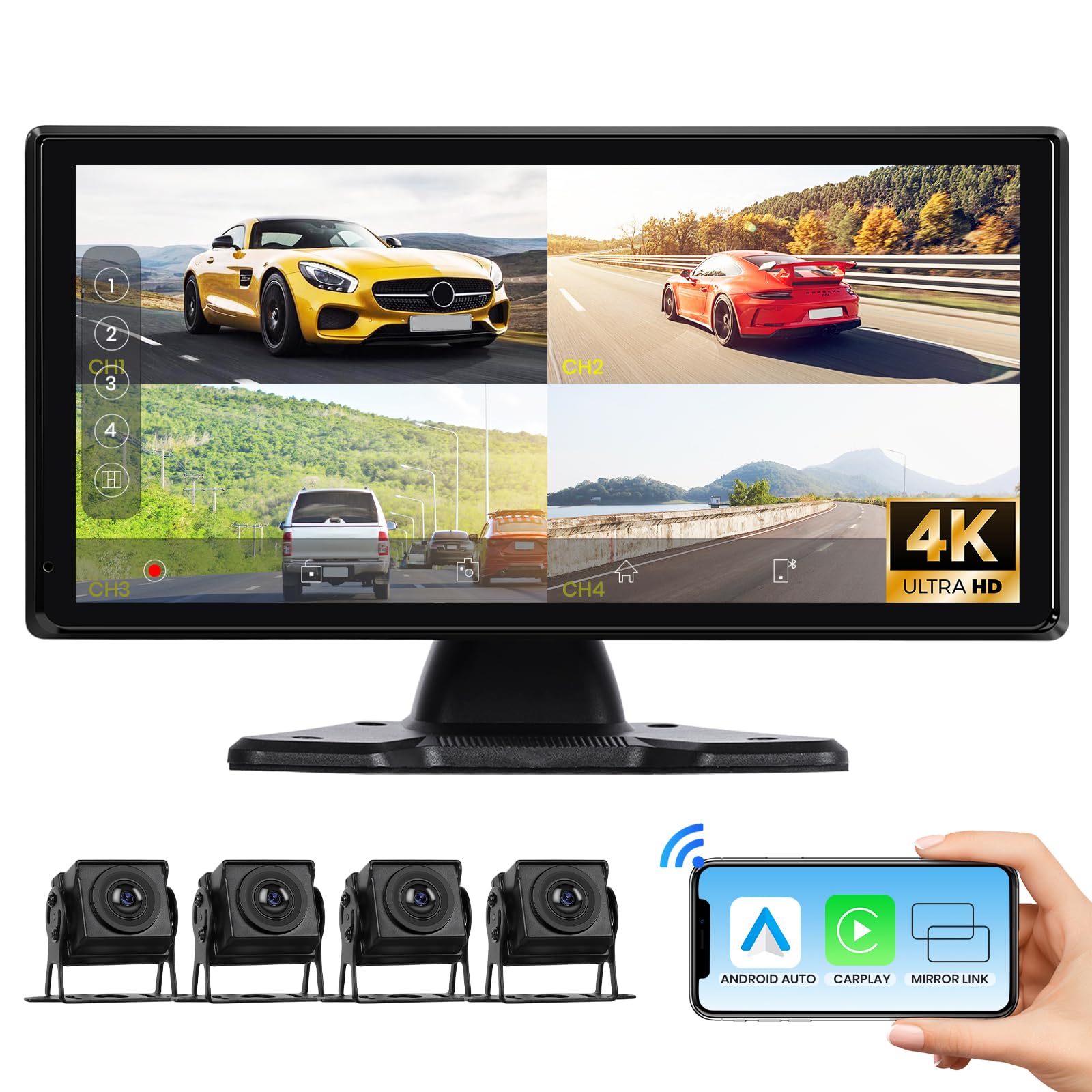 Hodozzy Kit Caméra de Recul 4K avec 4 Caméra AHD Filaire, CarPlay sans Fil Android Auto, Voiture Écran Tactile 10,36 Pouces 4 Split Moniteur, Bluetooth, FM Loop Recording USB/TF Écran CarPlay