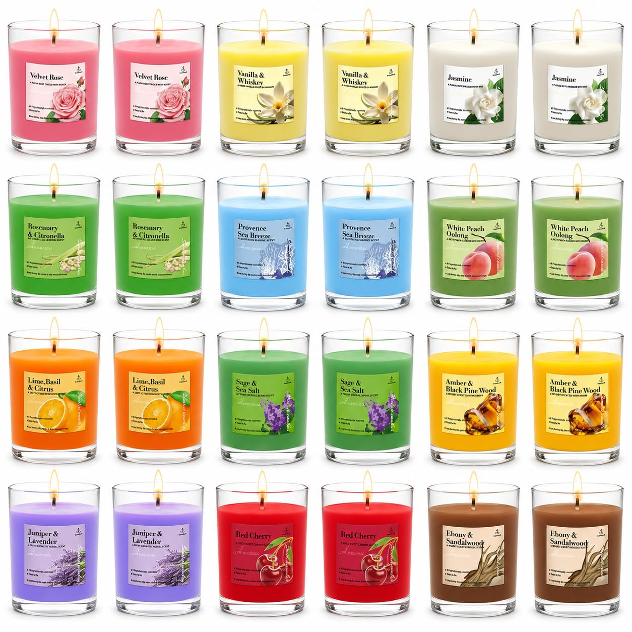 Paquete de 24 velas votivas perfumadas, velas de cera de soja de vidrio para el hogar, restaurantes, spa, bodas, velas sin humo y de combustión limpia, varios colores y aroma