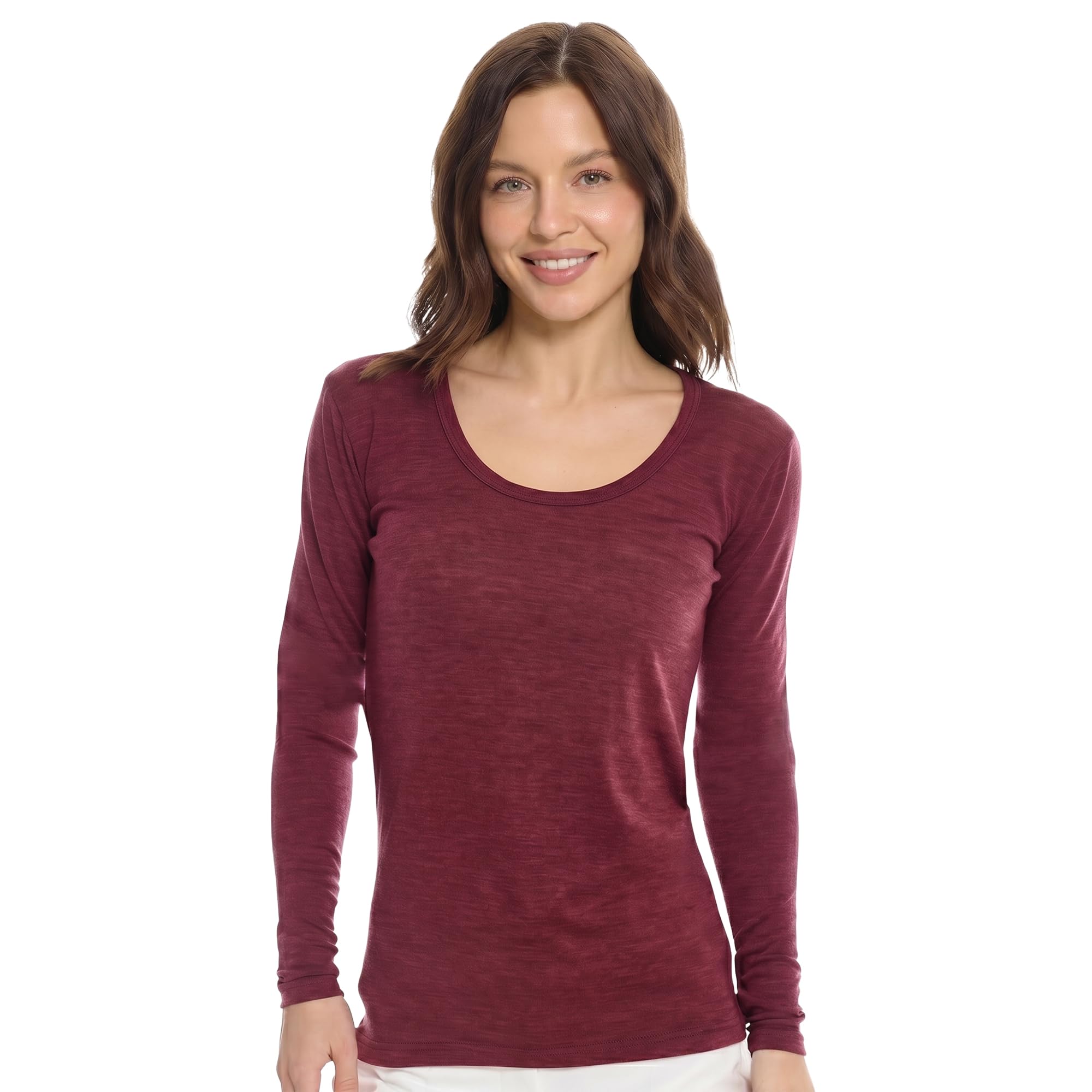 Merino.tech Сamisetas Mujer Manga Larga - 100% Lana Merino Ropa Termica (Small, 190 Burgundy Scoop)