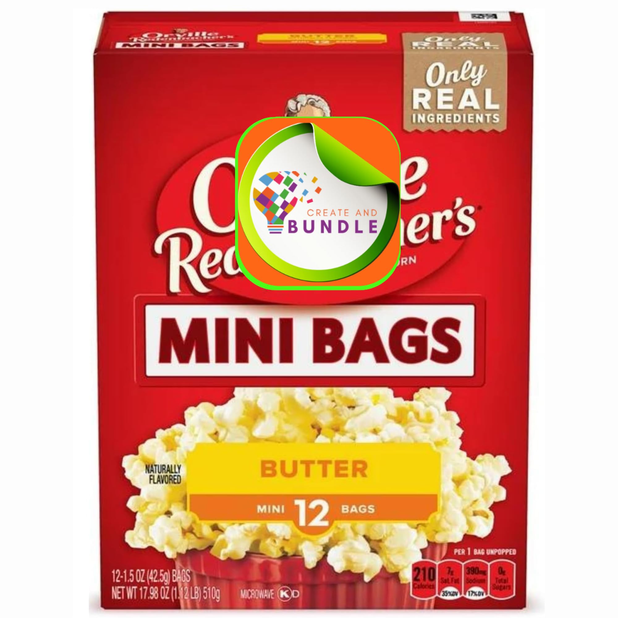 Microwave Popcorn Orville Redenbacher's Butter Popcorn, Mini Bags, 1.5 oz, 12 Count, 1 box contains, 12 Mini Bags of Butter Popcorn + Create Sticker