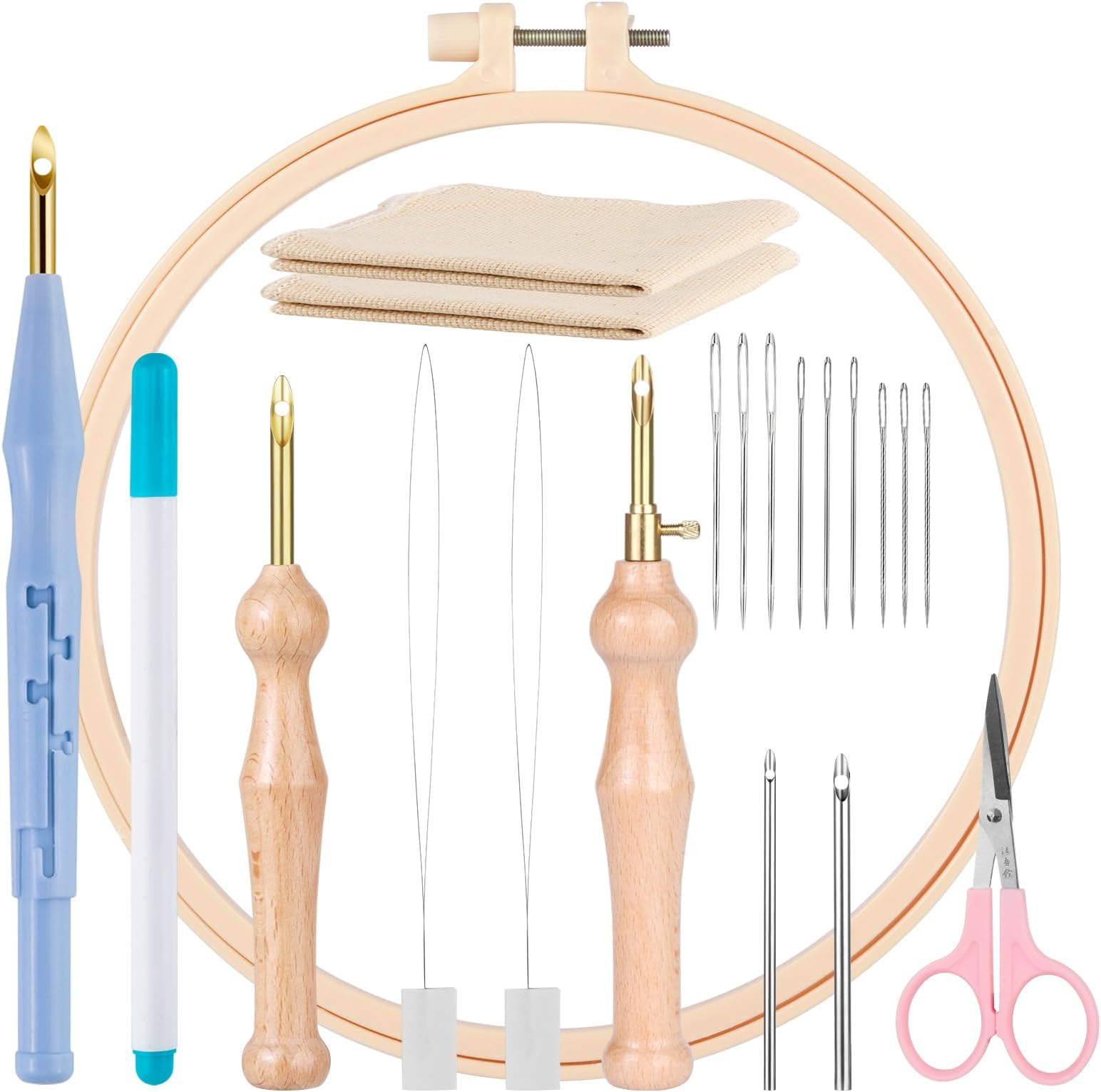 MSDADA 21PC Punch Needle Kit, Adjustable Punch Needle Tool, Wooden Handle Embroidery Pen Kits, Hoops, Cloth, Punch Needle Set Adults Beginner for DIY Craft, Perfect for Decoration and Gifts(Blue)