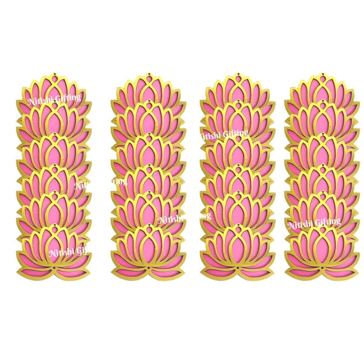 Nitishi Gifting Pink Lotus (Set of 24) Flower Wooden MDF 4 inch Cutouts Festive DIY Craft Rangoli Diya Material Kit Decoration for Diwali, Dashera, Ganpati Pooja, Festival, Wedding Gift