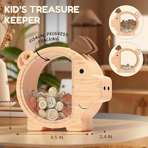 Miniatura 5 de Summidate Alcancía de madera para niños, bonita caja de dinero para niños y niñas, banco de monedas de madera irrompible, tarro de dinero de ahorro