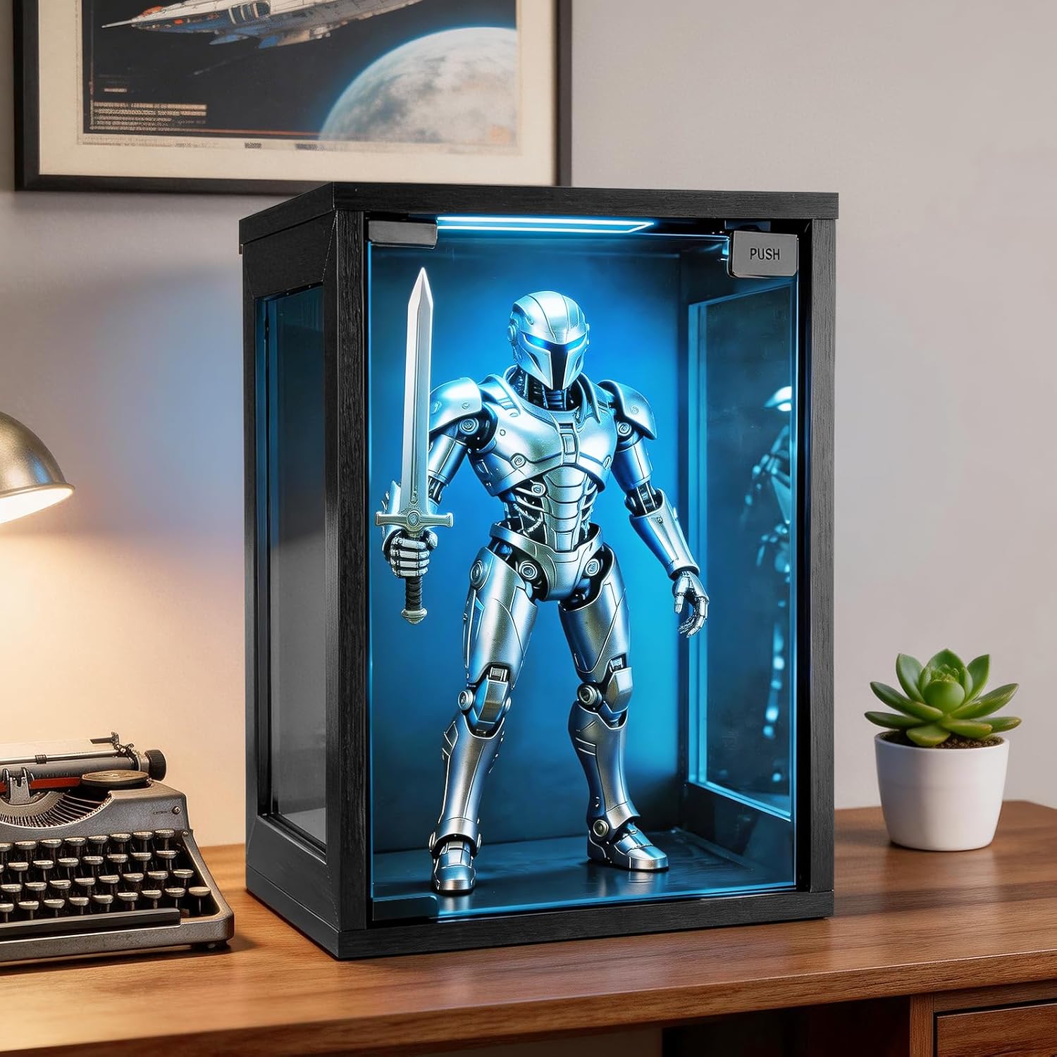 Wall Mounted Display Case Shadow Box with Lights LED,Display Cabinet with Glass Doors for Collectibles RGB Lighting,Three-Sided Glass Viewing Panels 9.8" D x 10.6" W x 15.4" H