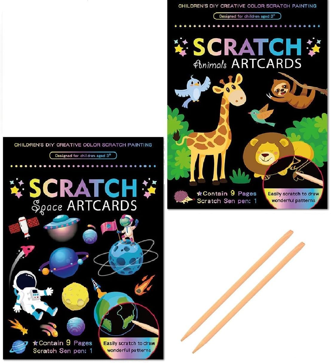 AK Store (Pack of 2) Colorful Magic Scratch Paper Art Cards, DIY Art Book with Wooden Stylus Scratching Tool for Kids, Girls, Boys Birthday Gifts
