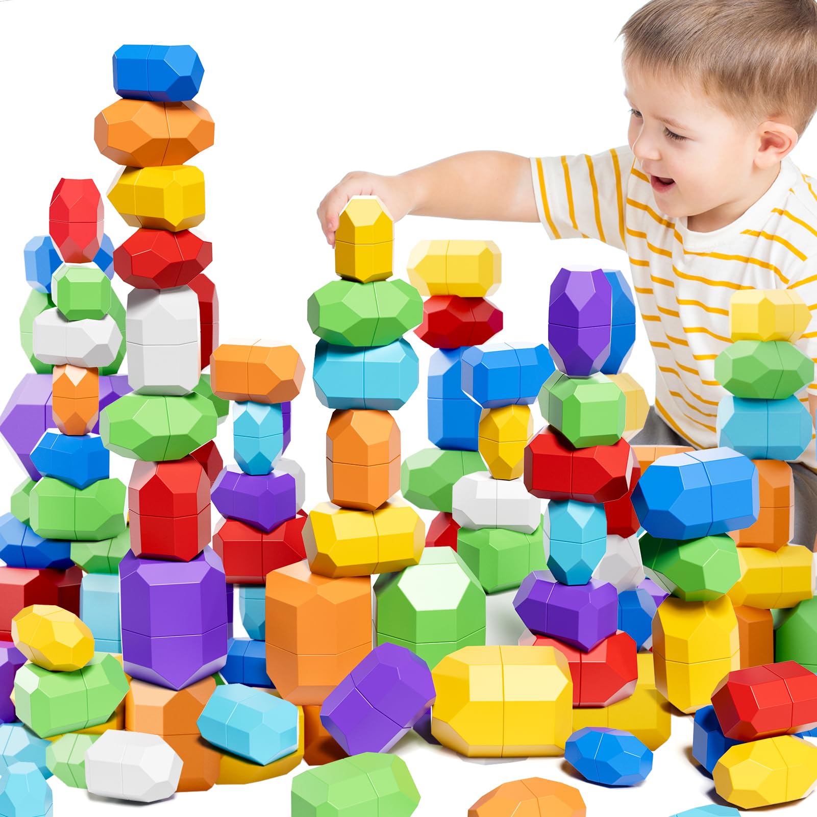 Lucky Doug 50 PCS Extra-Large Stacking Rocks Toys for Age 1-3 2-4, Safe Montessori Stacking Building Blocks Stones Toddlers Toy for 1 2 3 4 Year Old Boy Girl, Sensory Toys Gifts for Kids Age 1-2 2-4