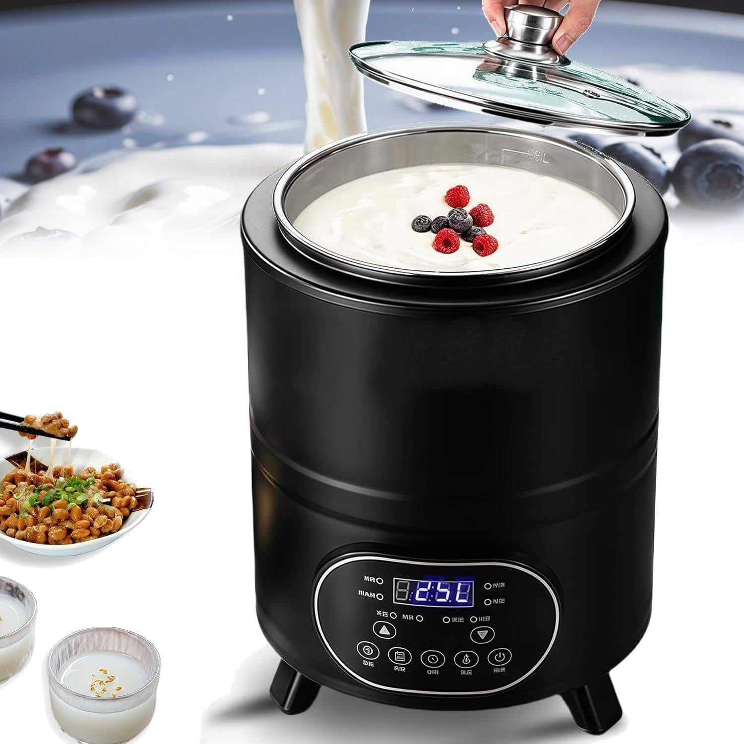 Máquina para hacer yogur, máquina comercial para hacer yogur de 8L/12L, fermentador de acero inoxidable con panel táctil LED y control de tiempo/temperatura, para masa madre y yogur casero. Black-8L
