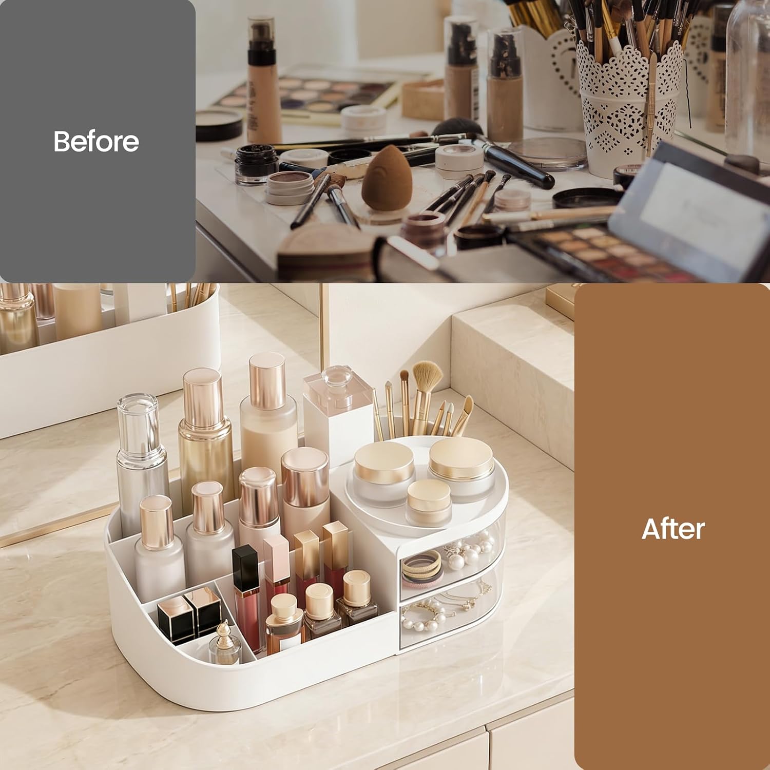 Make Up Cosmetic Organiser with Drawers - Multifunctional Dressing Table Organiser for Bathroom and Bedroom, Large Cosmetic Storage with Compartments, White for Dressing Table Decor image 4