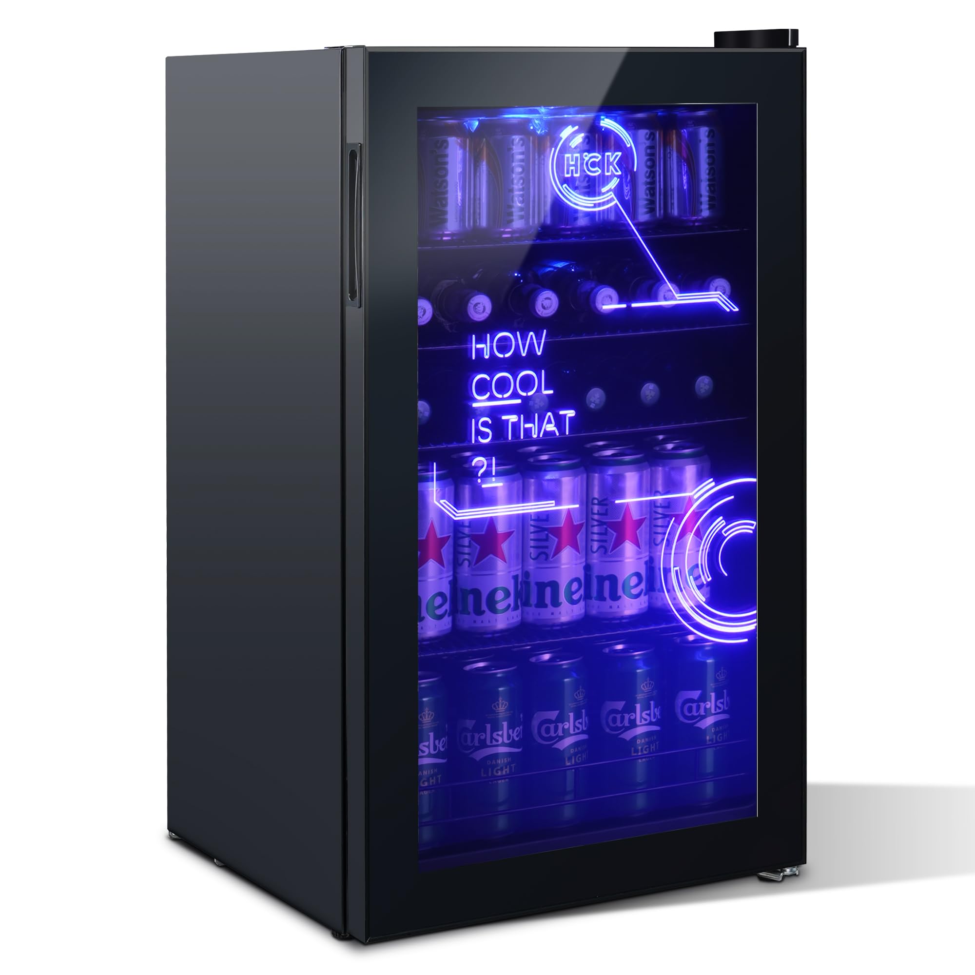 HCK Nevera Pequeña 98L, Mini Nevera con Iluminación Moderna Cyberpunk, Frigorifico Puerta Cristal de 0 a 10°C, Para Sala de Juegos, Fiesta, Negro