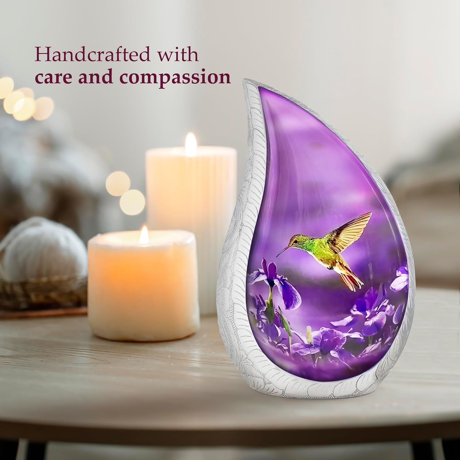 Trupoint Memorials Cremation Urns for Human Ashes Adult Female, Decorative Burial Urn for Men & Women – Large, Purple Hummingbird Teardrop - Image 3
