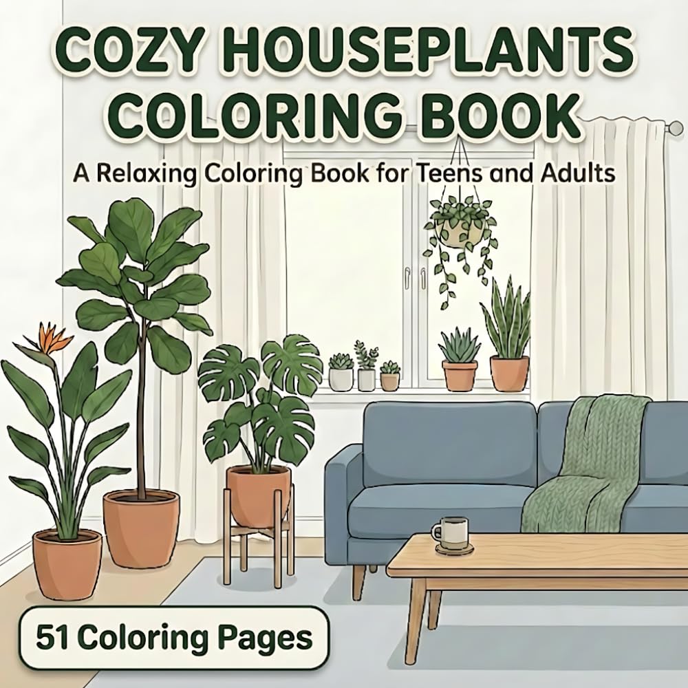 Cozy Houseplants Coloring Book: A Relaxing Plant Themed Coloring Book for Teens and Adults