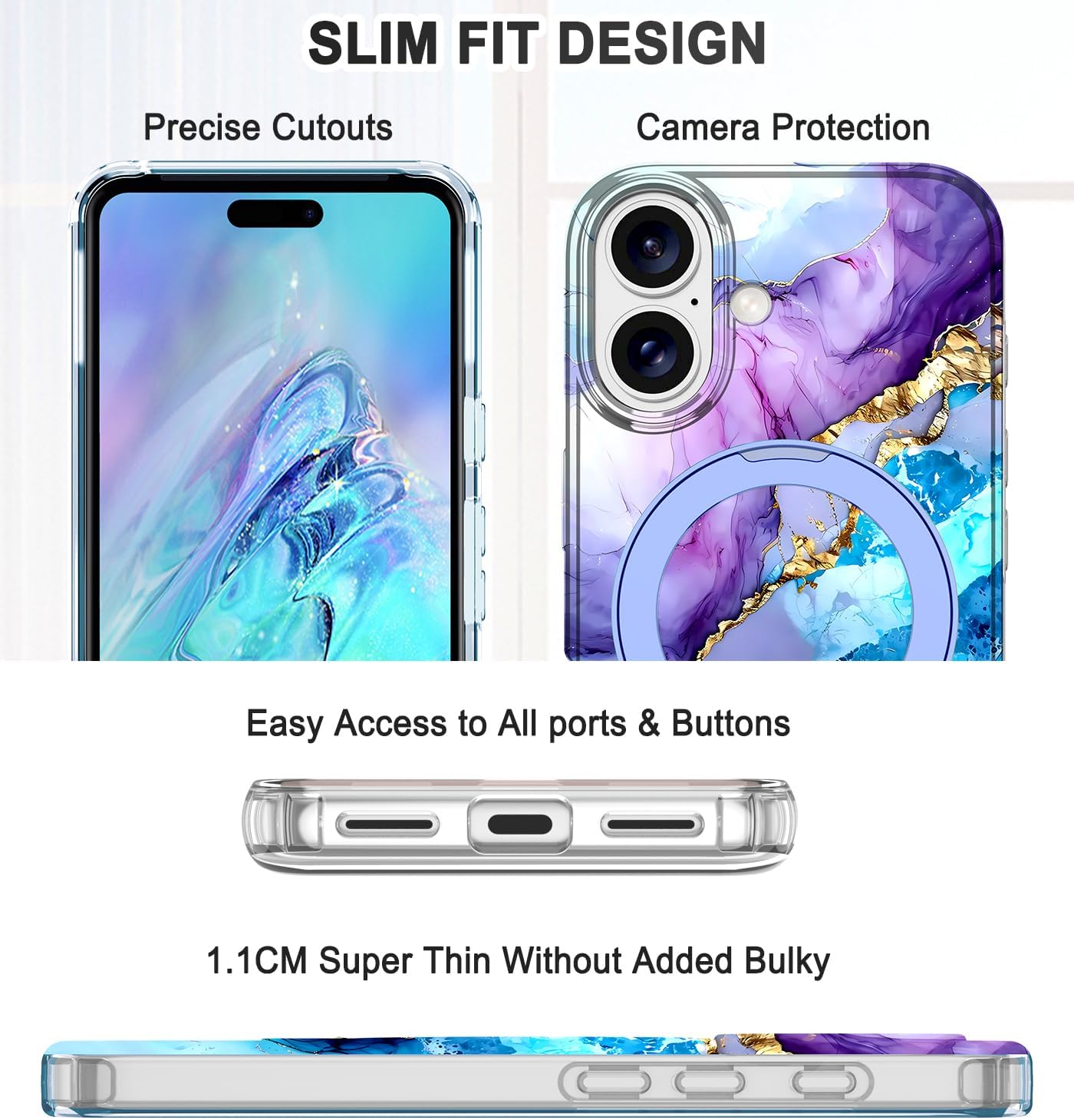 Lamcase for iPhone 16 Plus Case with Magnetic Invisible Ring Stand [Compatible with MagSafe], Full Body Rugged Slim Women Men Girl Shockproof Marble Pattern Design Case, Purple/Blue - Image 3