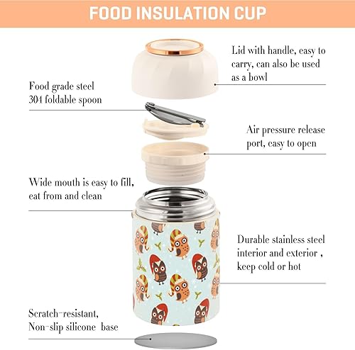 Miniatura 4 de MCHIVER Cute Christmas Owls Food Jar with Spoon Stainless Steel Vacuum Insulated Food Container 17 oz Food Thermos for Lunch