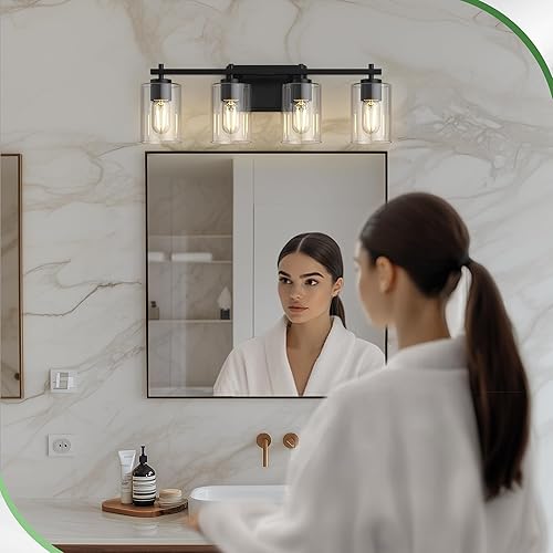 Miniatura 6 de DORESshop Lámpara de tocador de baño de 4 luces sobre el espejo, lámparas de baño negro mate con pantallas de vidrio transparente, luces modernas