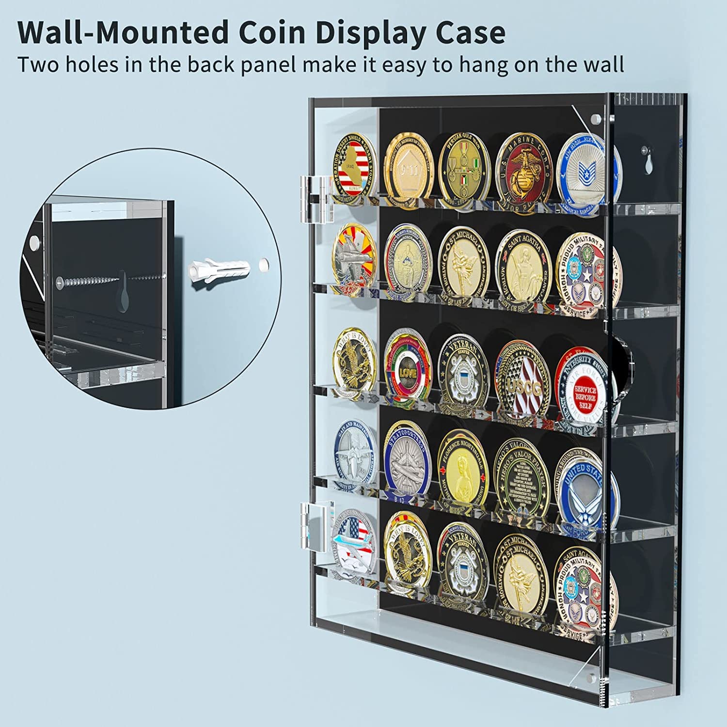 vitrina expositora pared monedas colecciones,exhibidor medallas militares,Soporte de Monedas de desafío Militar con estantes extraíbles y Puerta magnética, Caja de Monedas para 45 medallas Militares