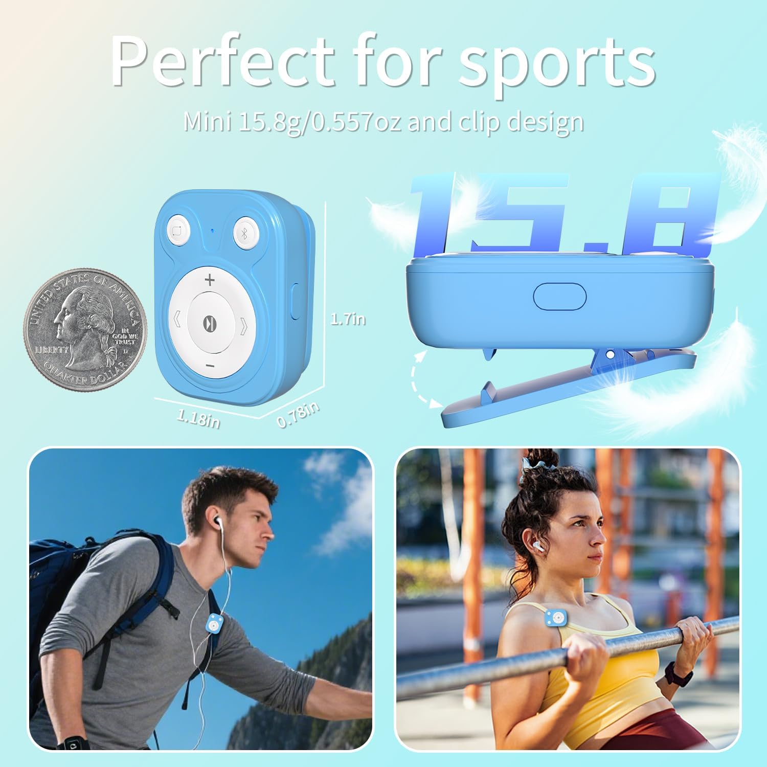 64GB Mini MP3 Player with Bluetooth 5.3 & Clip for Sports, Blue | 15H Playback Portable Music Player, No Screen Button Design with OTG for Running