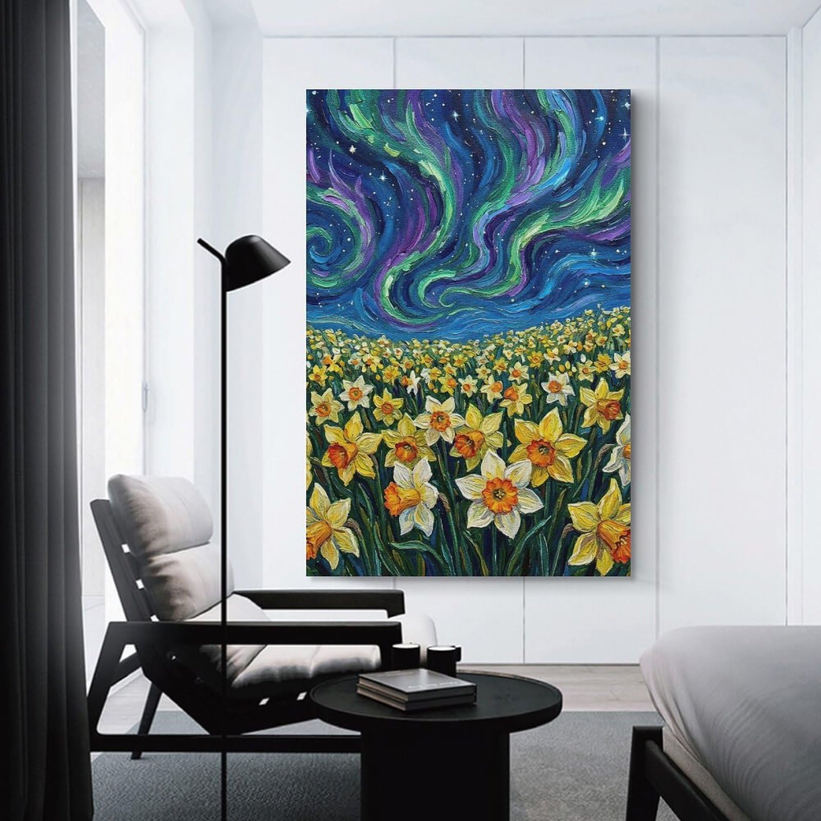 Junmoney Wall Decor Canvas Print Daffodils Under The Northern Lights Painting, 08x12inch(20x30cm), for Bedroom Walls, Guest Spaces Or Lounges, Decorative Wall Art for Cosy Rooms