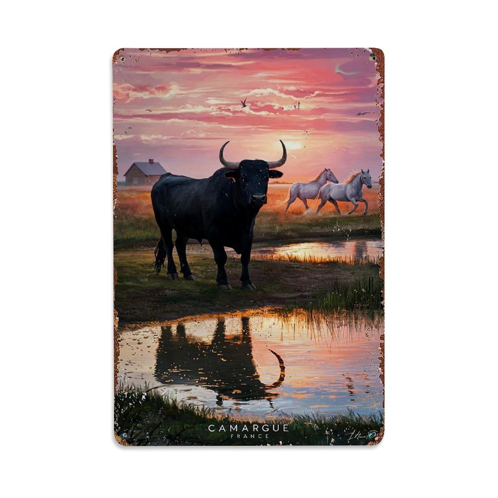 Camarque Bull Horses Sunset Reflection Retro Metal Tin Sign, Vintage Decor Art Poster for Bar, Home, Man Cave, Kitchen, Laundry Room Gift 8x12Inch