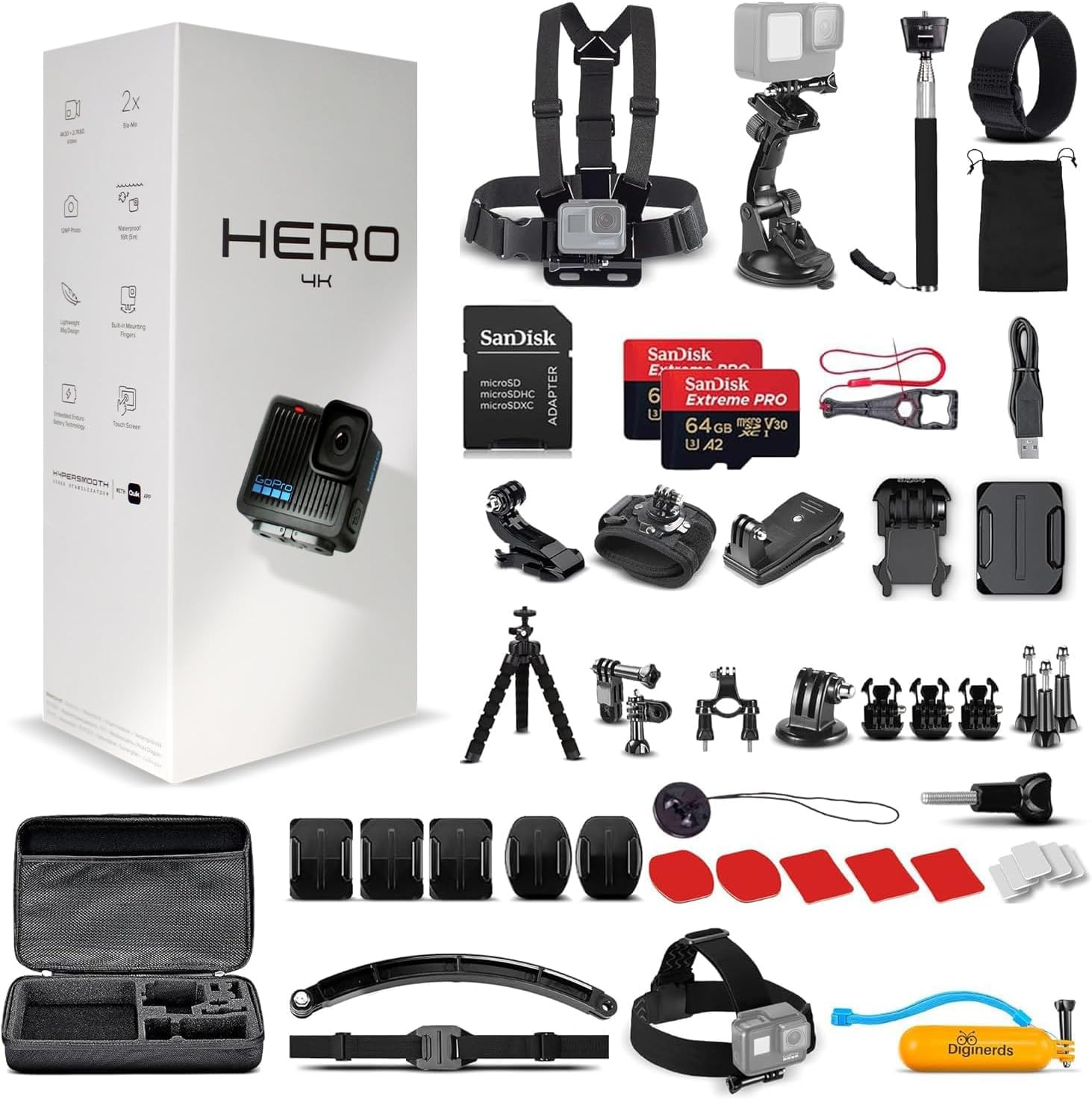 Hero (Go Pro Hero) Black Compact - Waterproof Action Camera with 4K Ultra HD Video, 12MP Photos + 50-in-1 Accessory Kit + 2 X 64GB Card + More