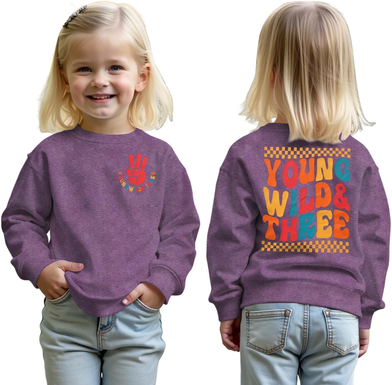 MODNTOGA Young Wild and Three Shirt Toddler Girl Third Birthday Sweatshirt 3rd Birthday Crewneck Outfit 3T B-Day Party Tops