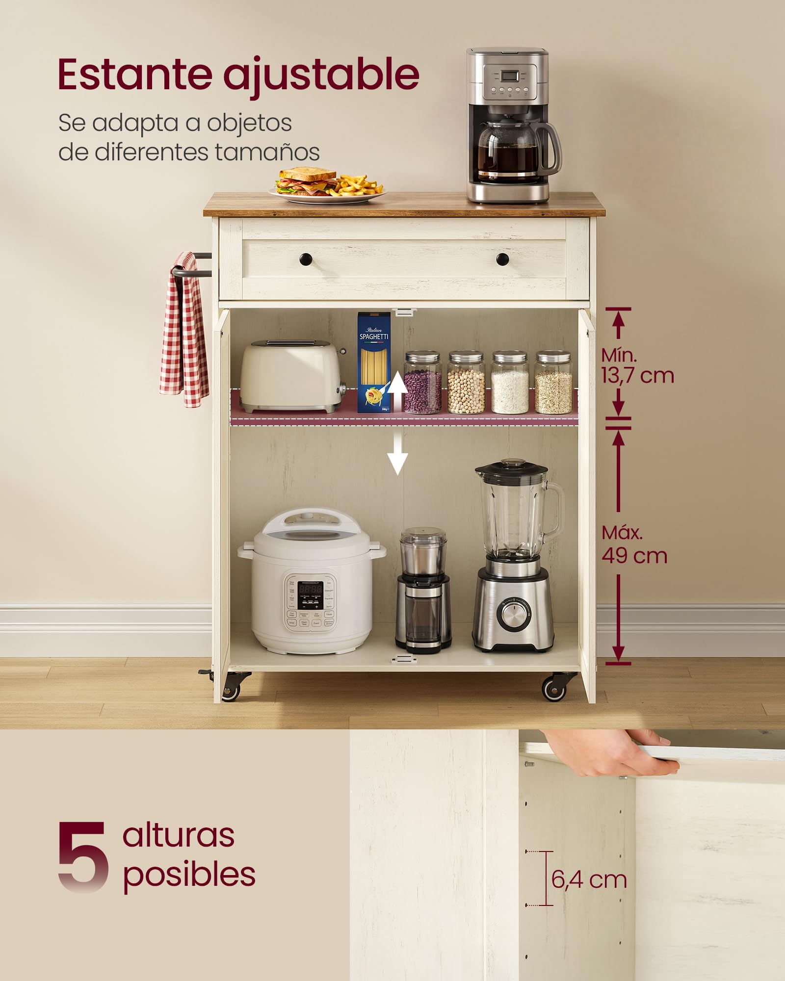 VASAGLE Siren Collection KKI009WJ01 - Mueble de Cocina, Isla de Cocina, con encimera, Ruedas, Carrito de Cocina, cajón, Estilo rústico, Estante Ajustable, Color Blanco Nube y marrón Miel