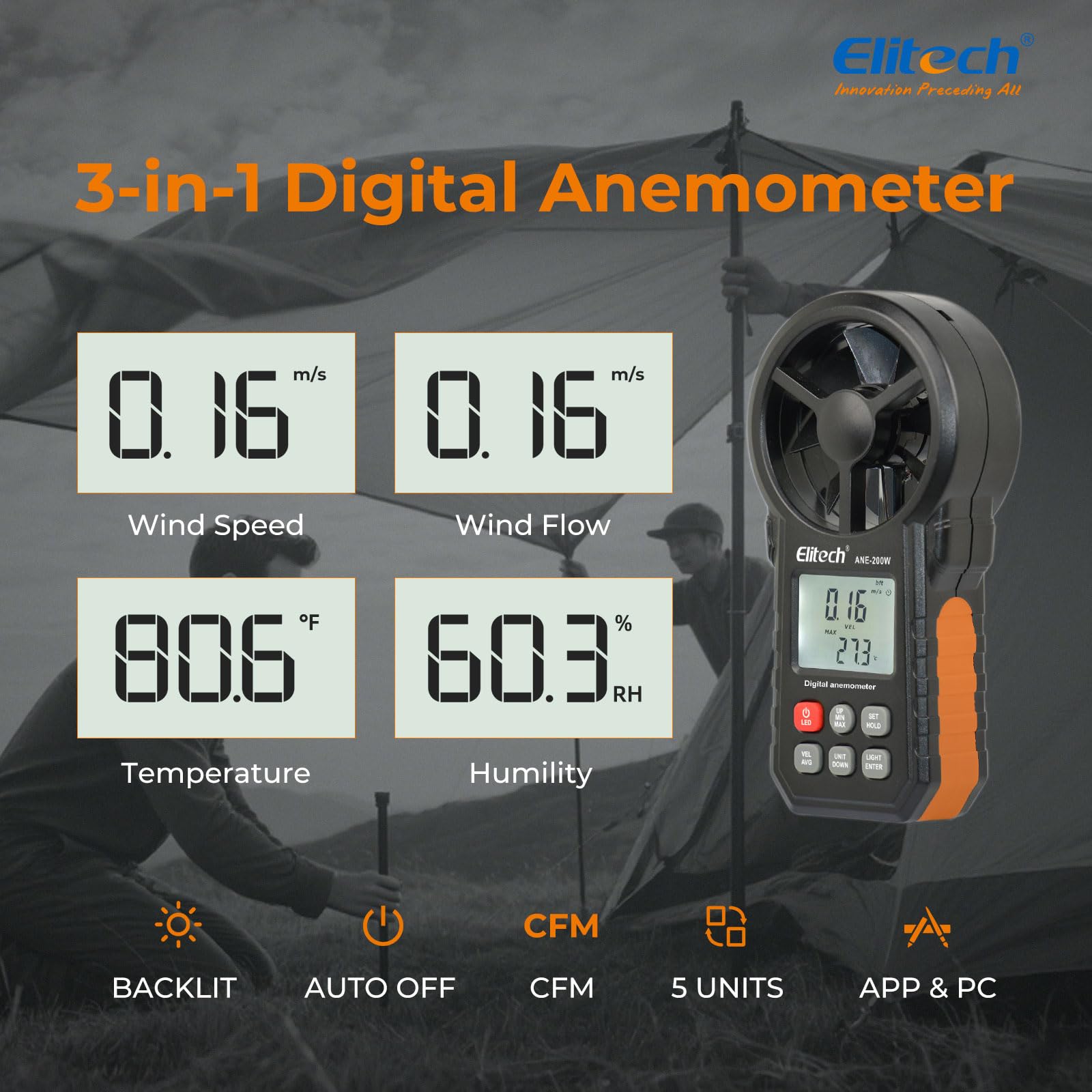 Elitech Wiatomierz Bluetooth, cyfrowy anemometr, pomiar prędkości wiatru, eksport danych USB, pomiar przepływu powietrza CFM/CMM do kontroli HVAC i ochrony środowiska ANE-200 W