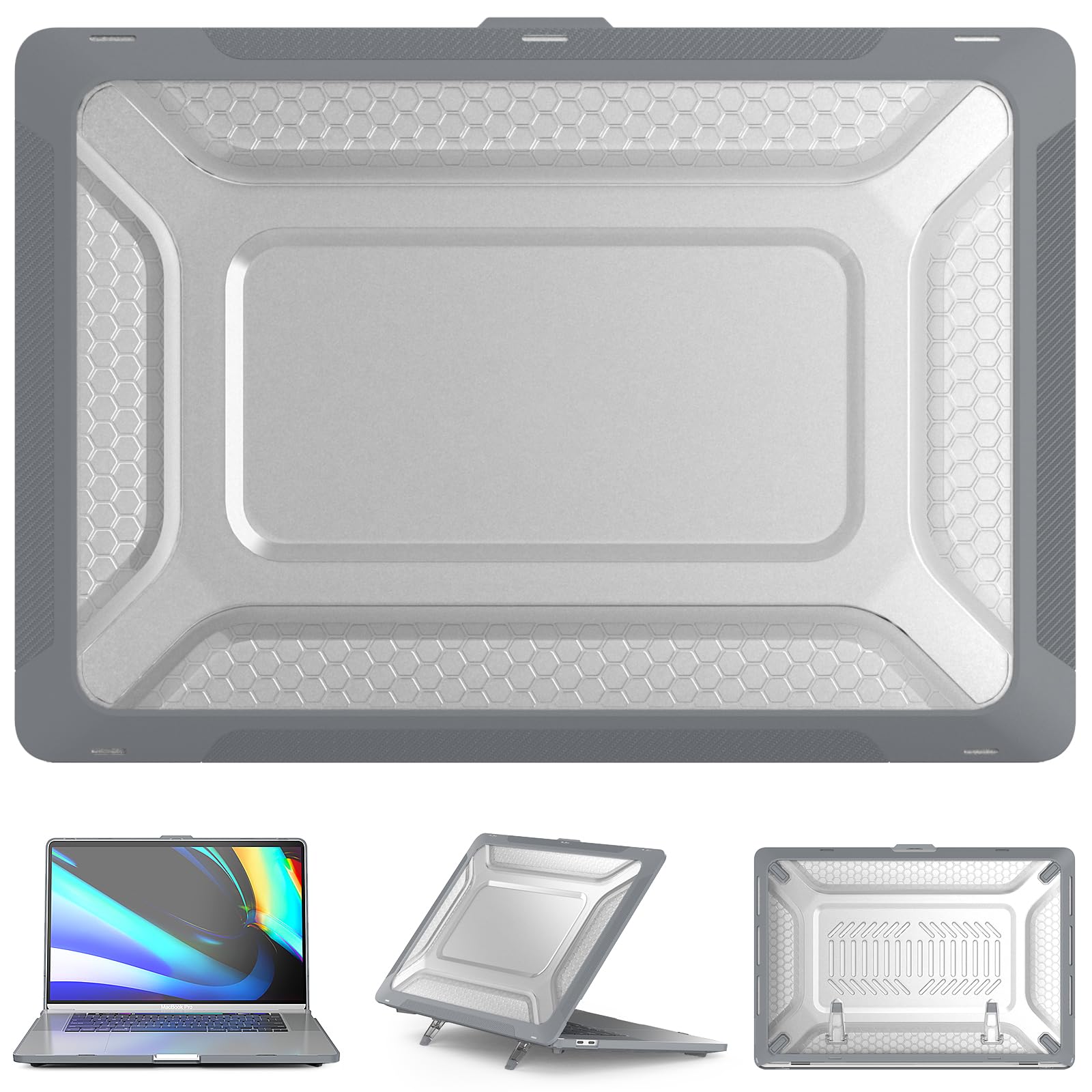Custodia Hybird compatibile per MacBook Pro 16" 2019, guscio rigido classico in PC a nido d'ape + custodia in TPU con cavalletto pieghevole