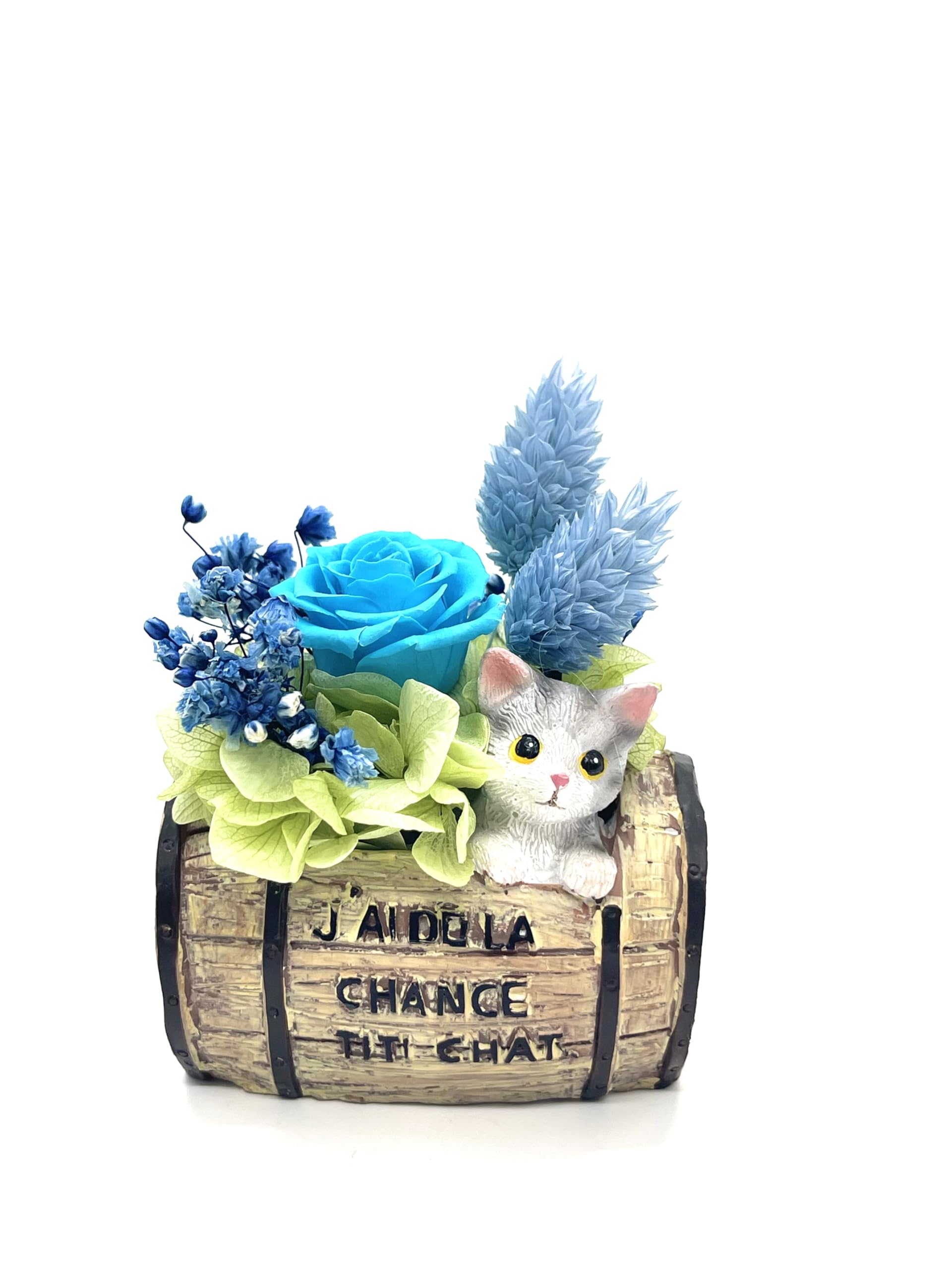 猫ちゃんのオブジェ、プリザつきアレンジメント プリザーブドフラワー