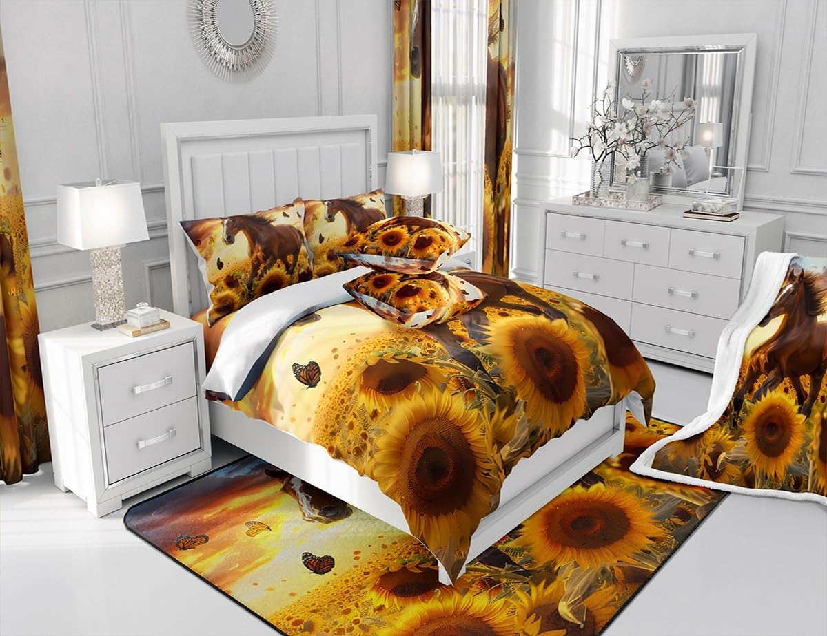 Feelyou Kids Boys Girls Horse Sherpa Blanket Galloping Horse Fleece Throw Blanket Sunflower Horse Plush Blanket for Cute Animal Decor Fuzzy Cozy Soft Blanket Twin 60"x80"